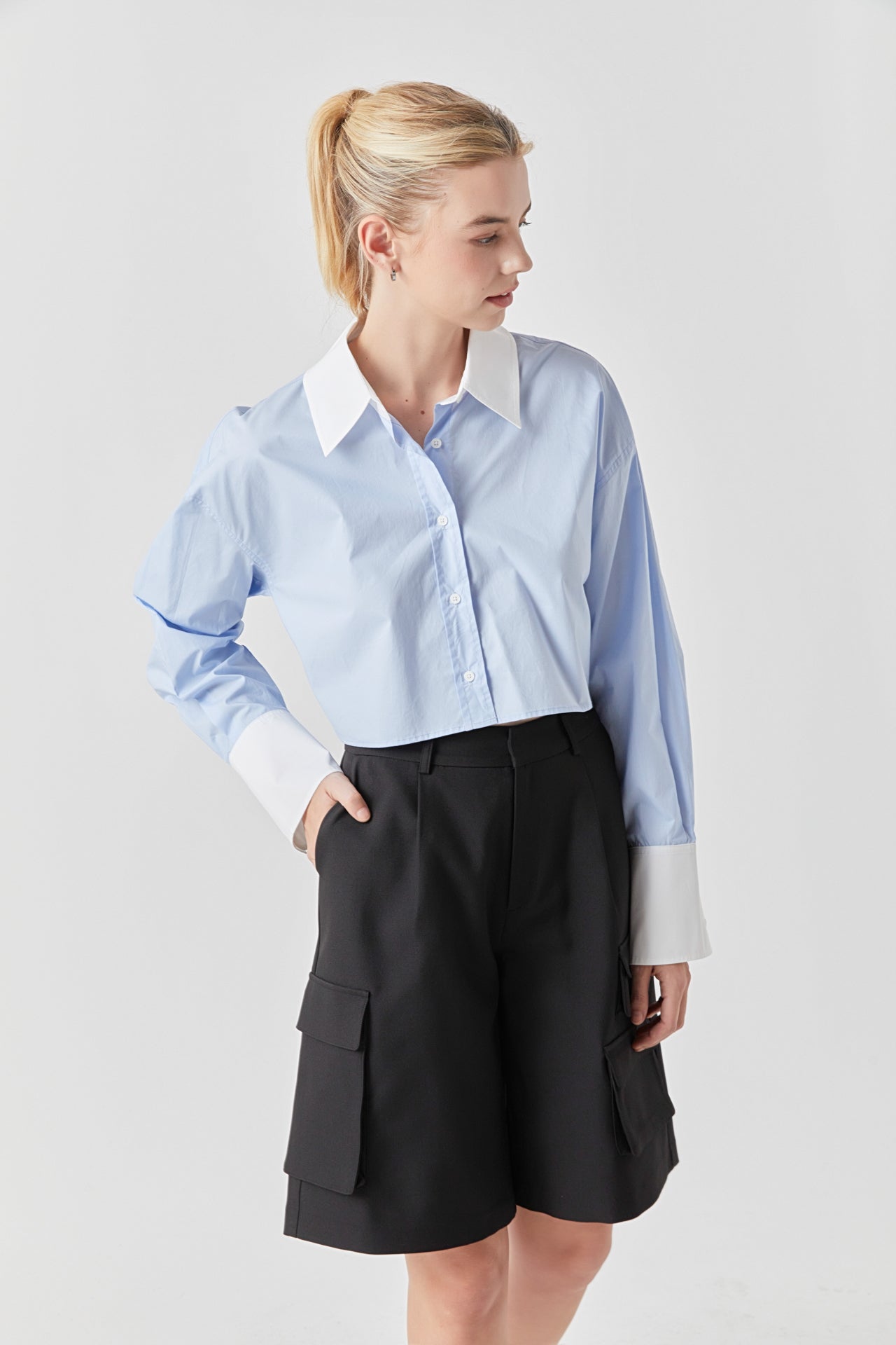 GREY LAB - Cotton Cropped Contrast Shirt - SHIRTS & BLOUSES available at Objectrare