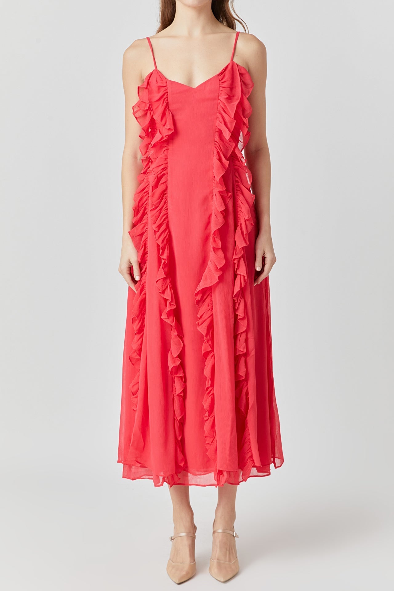ENDLESS ROSE - Chiffon Ruffled Spaghetti Maxi Dress - DRESSES available at Objectrare