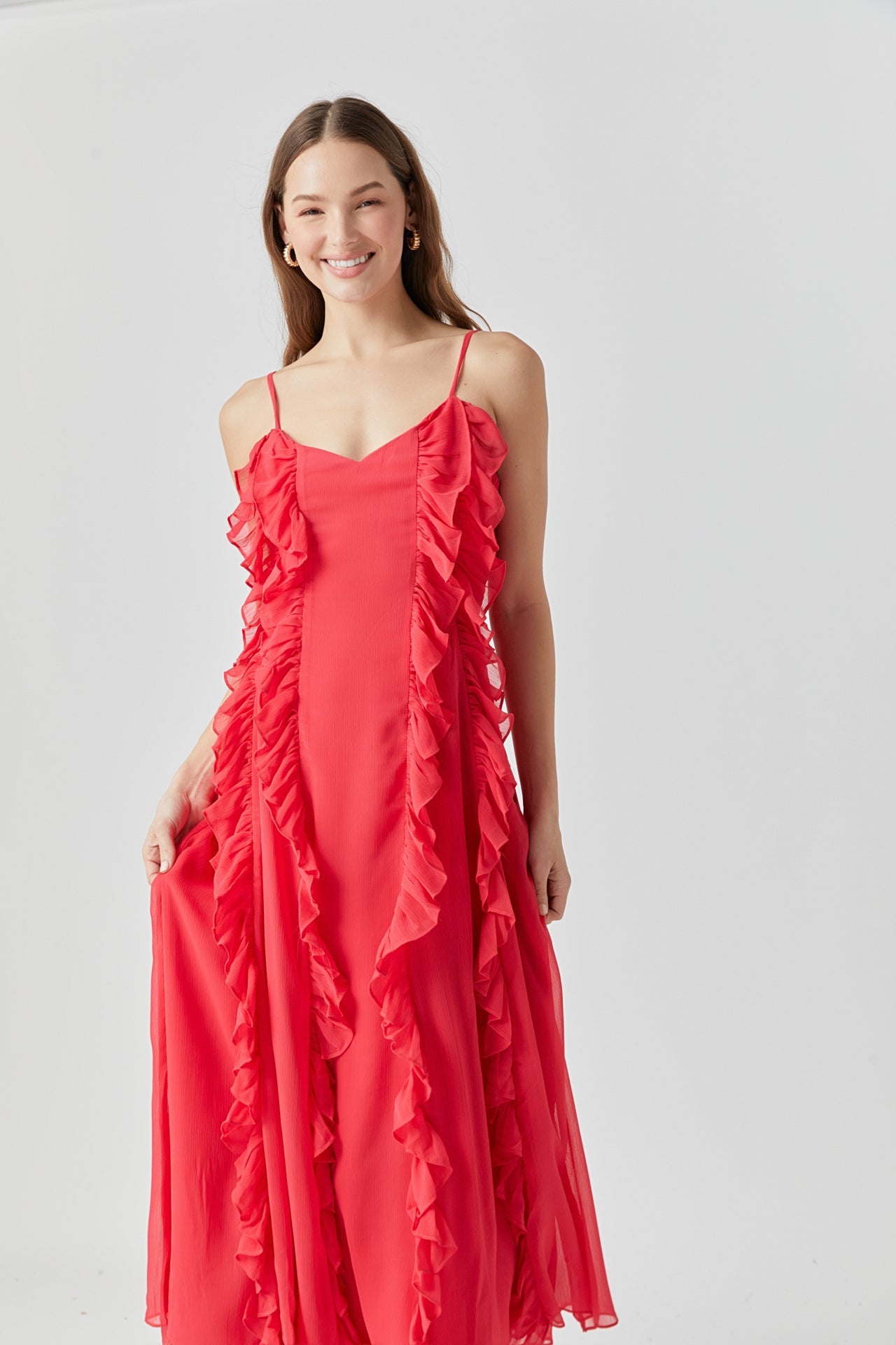 ENDLESS ROSE - Chiffon Ruffled Spaghetti Maxi Dress - DRESSES available at Objectrare
