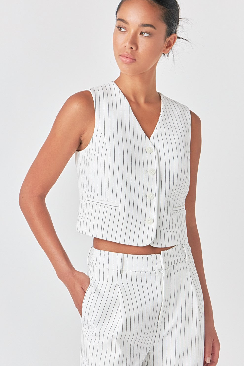 GREY LAB - Pinstrpied Vest with Welted Pocket - VESTS available at Objectrare