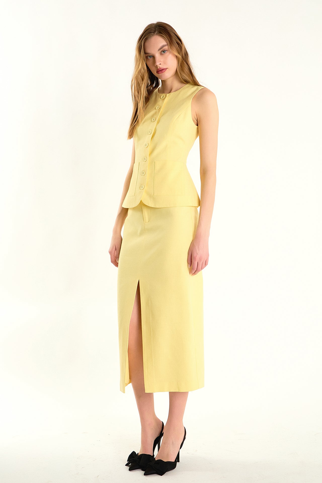 ENDLESS ROSE - Front Slit Linen Midi Skirt - SKIRTS available at Objectrare