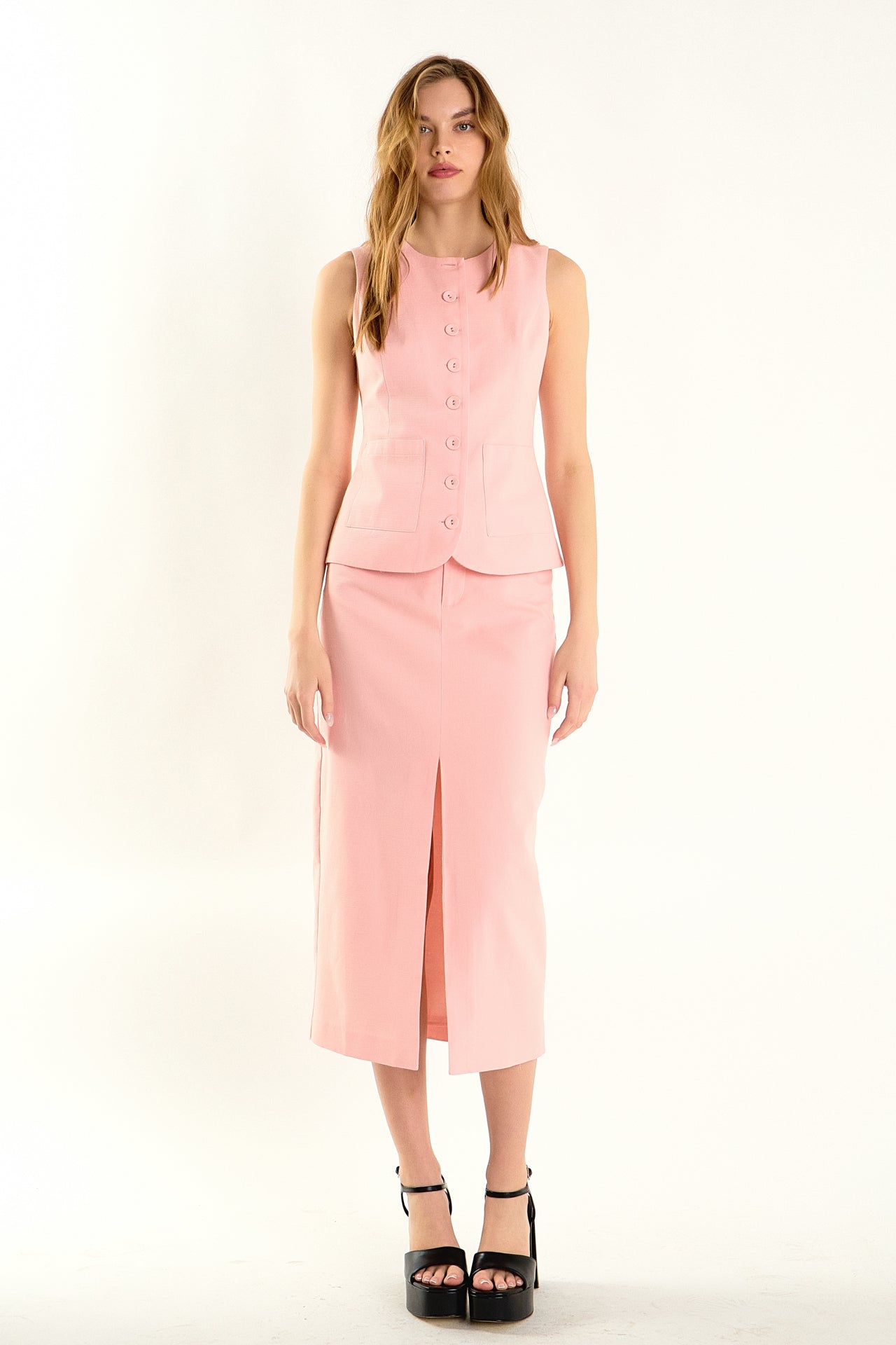 ENDLESS ROSE - Front Slit Linen Midi Skirt - SKIRTS available at Objectrare