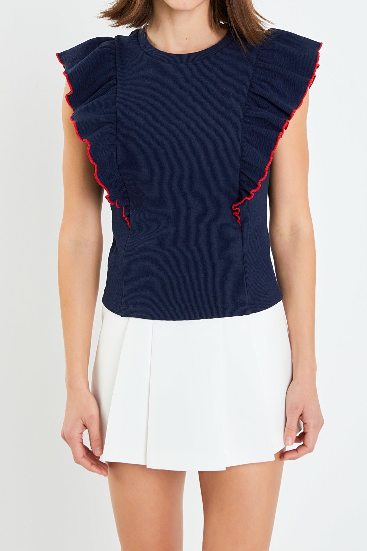 ENGLISH FACTORY - Contrast Merrow Detail Ruffled Knit Top - TOPS available at Objectrare