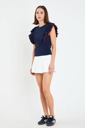 ENGLISH FACTORY - Contrast Merrow Detail Ruffled Knit Top - TOPS available at Objectrare