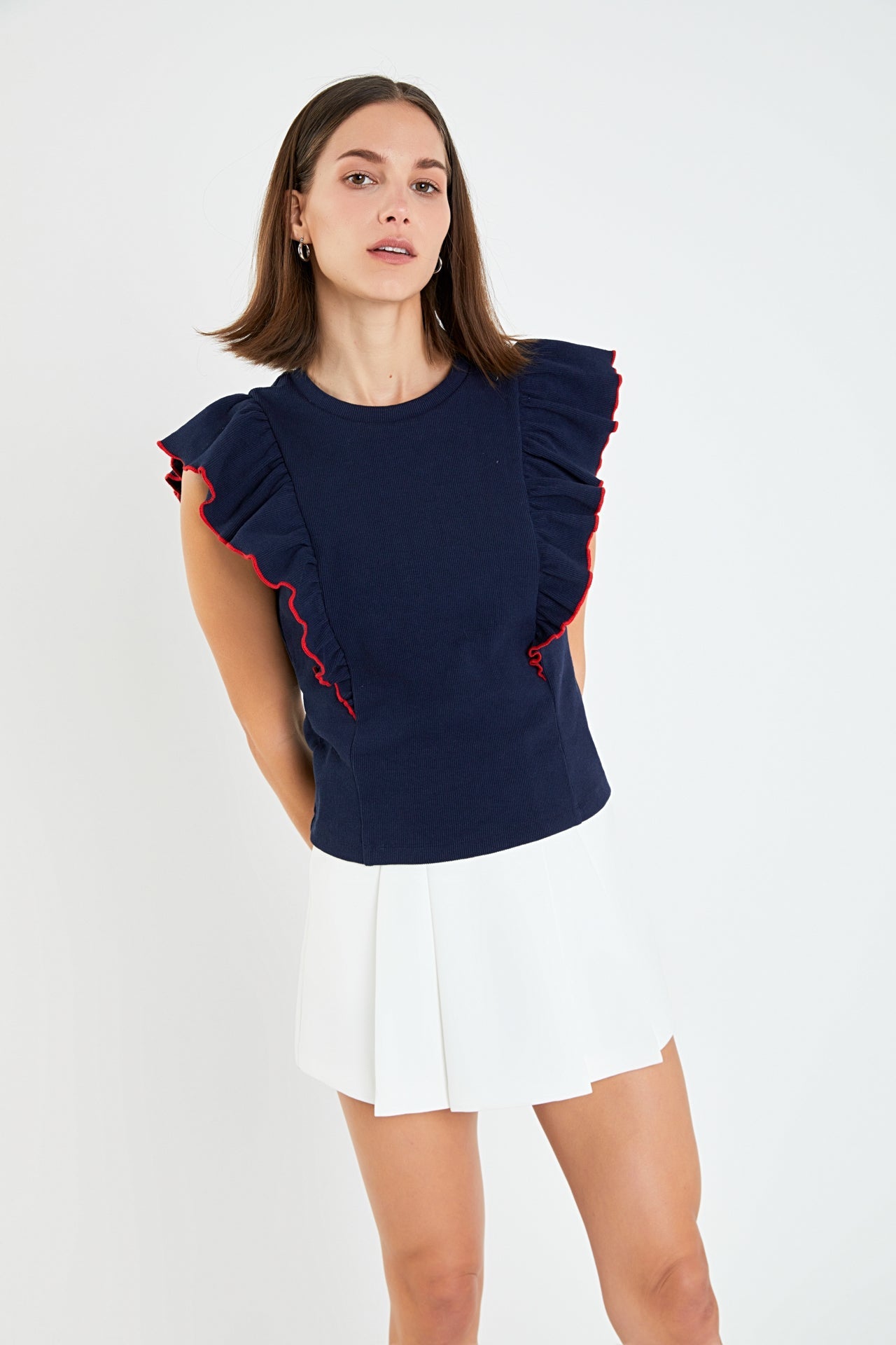 ENGLISH FACTORY - Contrast Merrow Detail Ruffled Knit Top - TOPS available at Objectrare