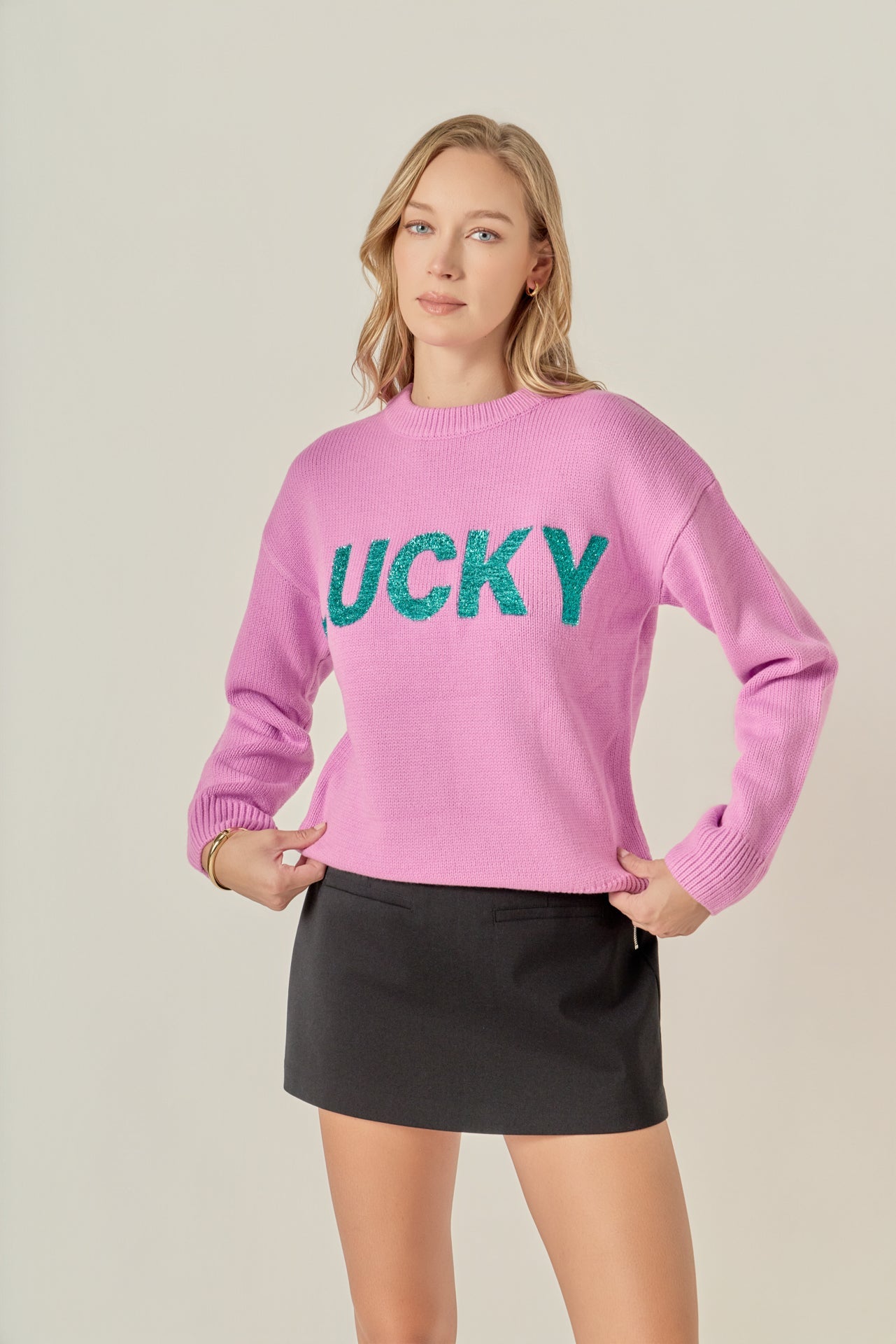 ENGLISH FACTORY - Lucky Glitter Lettering Sweater - SWEATERS & KNITS available at Objectrare