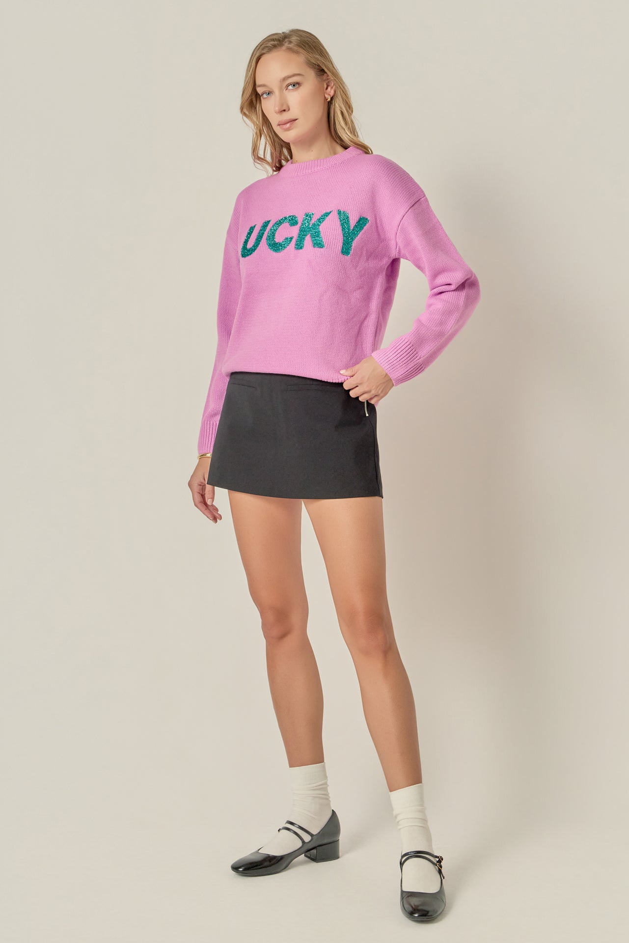 ENGLISH FACTORY - Lucky Glitter Lettering Sweater - SWEATERS & KNITS available at Objectrare