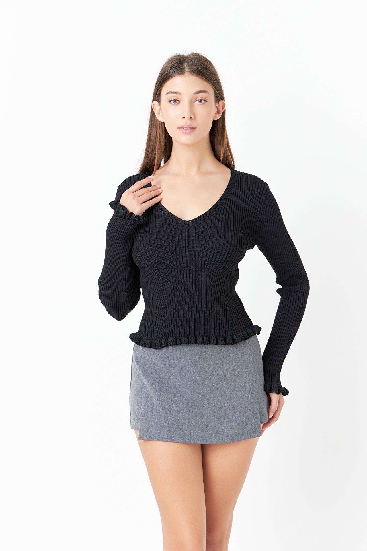 ENDLESS ROSE - Frill V neck Knit Top - TOPS available at Objectrare