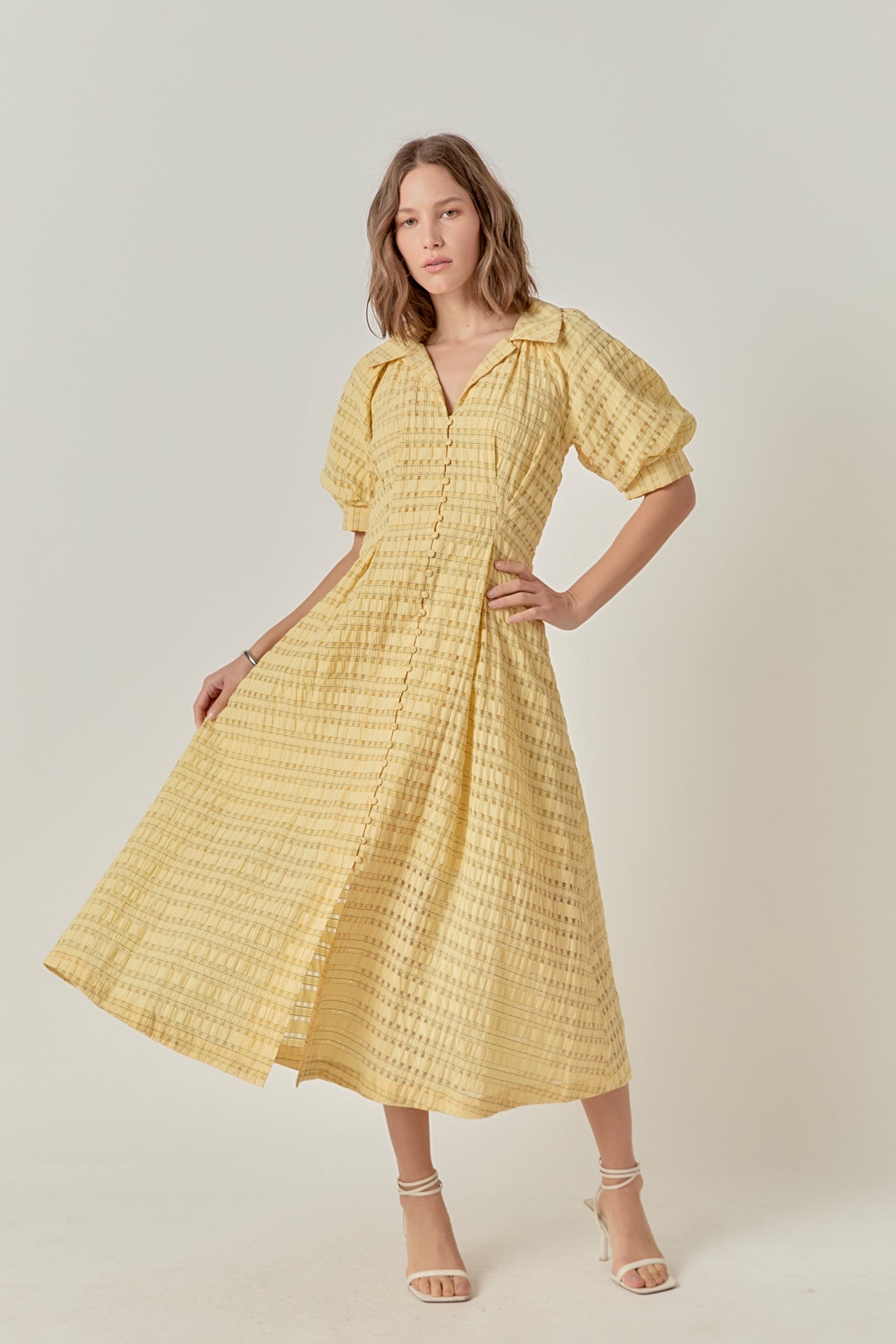 seersucker dress ladies English Factory Check Midi | Yellow | Size S Bleached Blue boohoo Petite and intentionally generous sleeves Side Split Formal Dress STYLE:A05263010