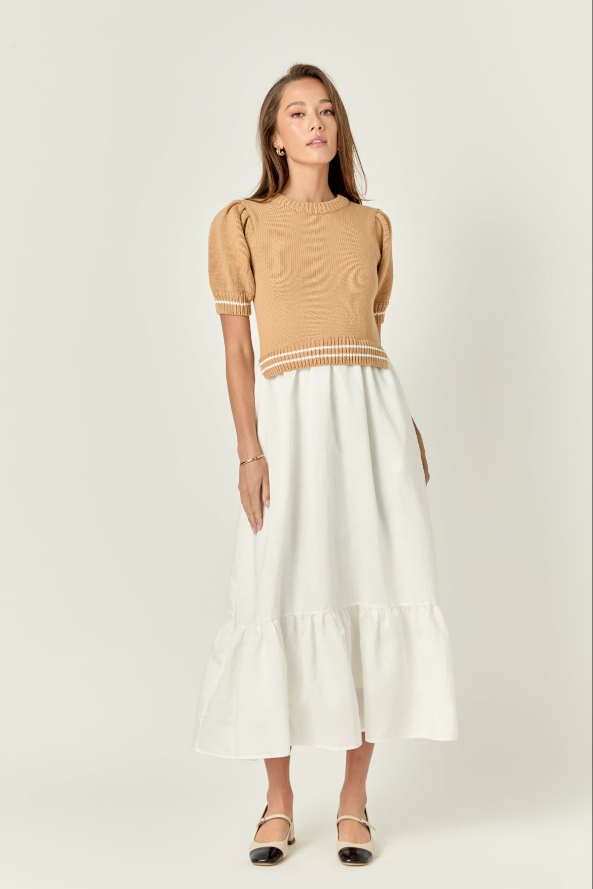 ENGLISH FACTORY - Mixed Media Puff Sleeve Midi Dress - DRESSES available at Objectrare