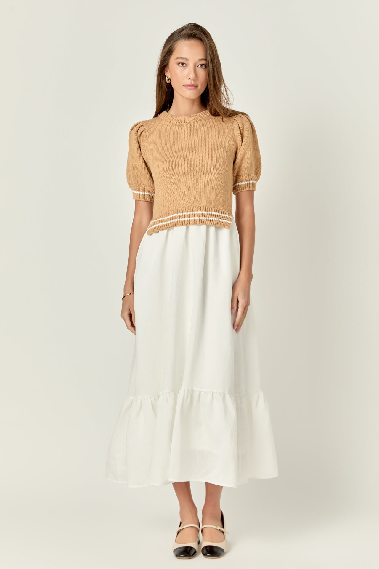 ENGLISH FACTORY - Mixed Media Puff Sleeve Midi Dress - DRESSES available at Objectrare