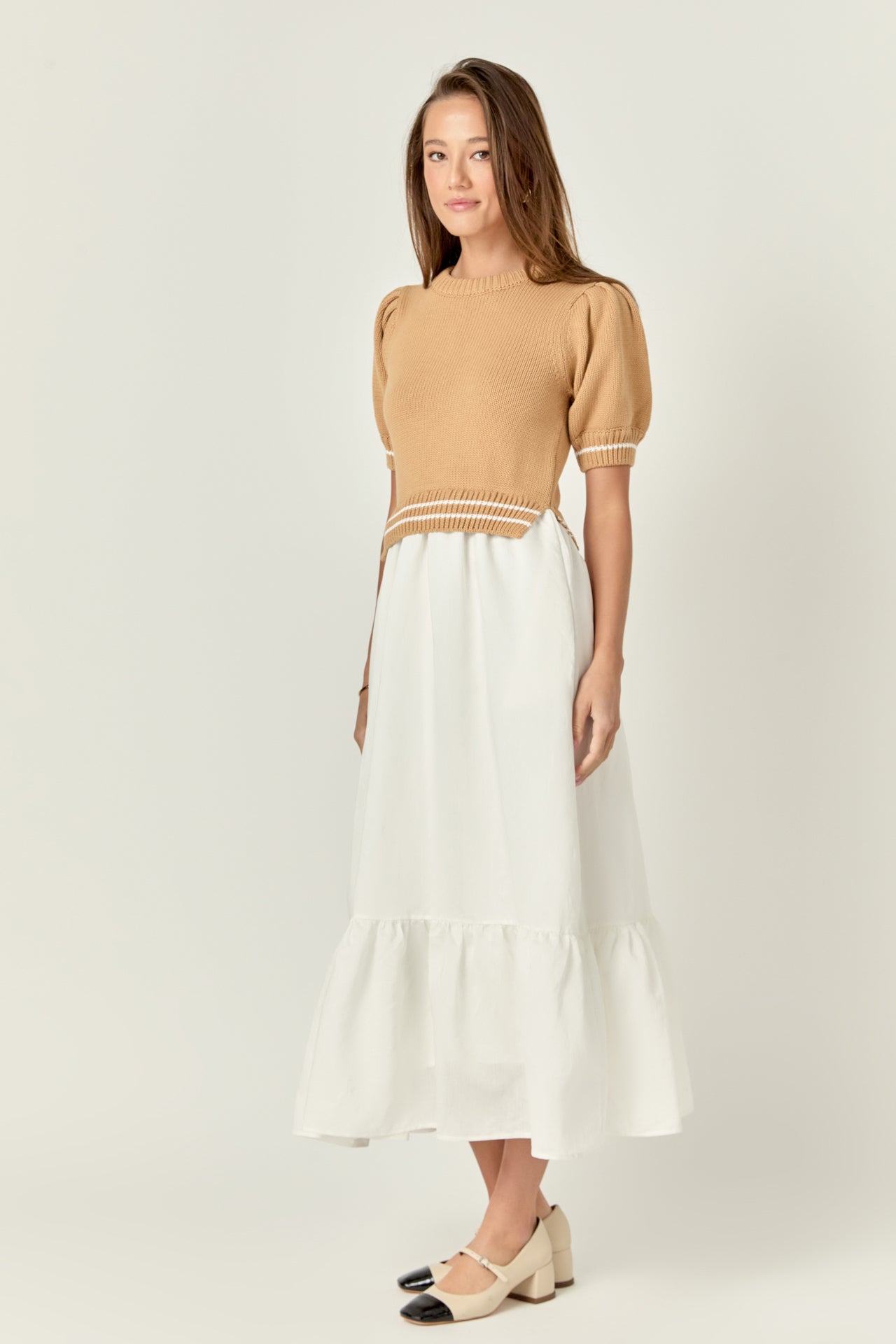 ENGLISH FACTORY - Mixed Media Puff Sleeve Midi Dress - DRESSES available at Objectrare