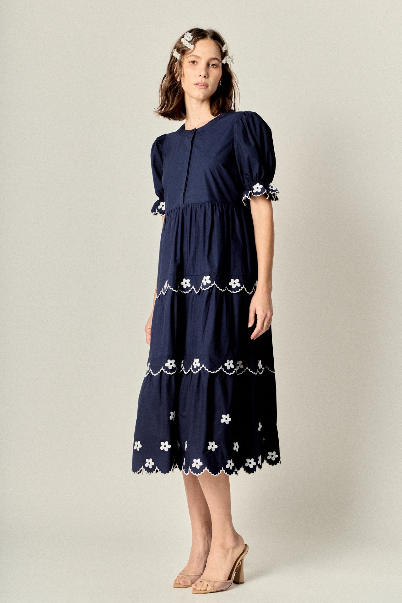 ENGLISH FACTORY - Scallop Embroidered Puff Sleeve Midi Dress - DRESSES available at Objectrare