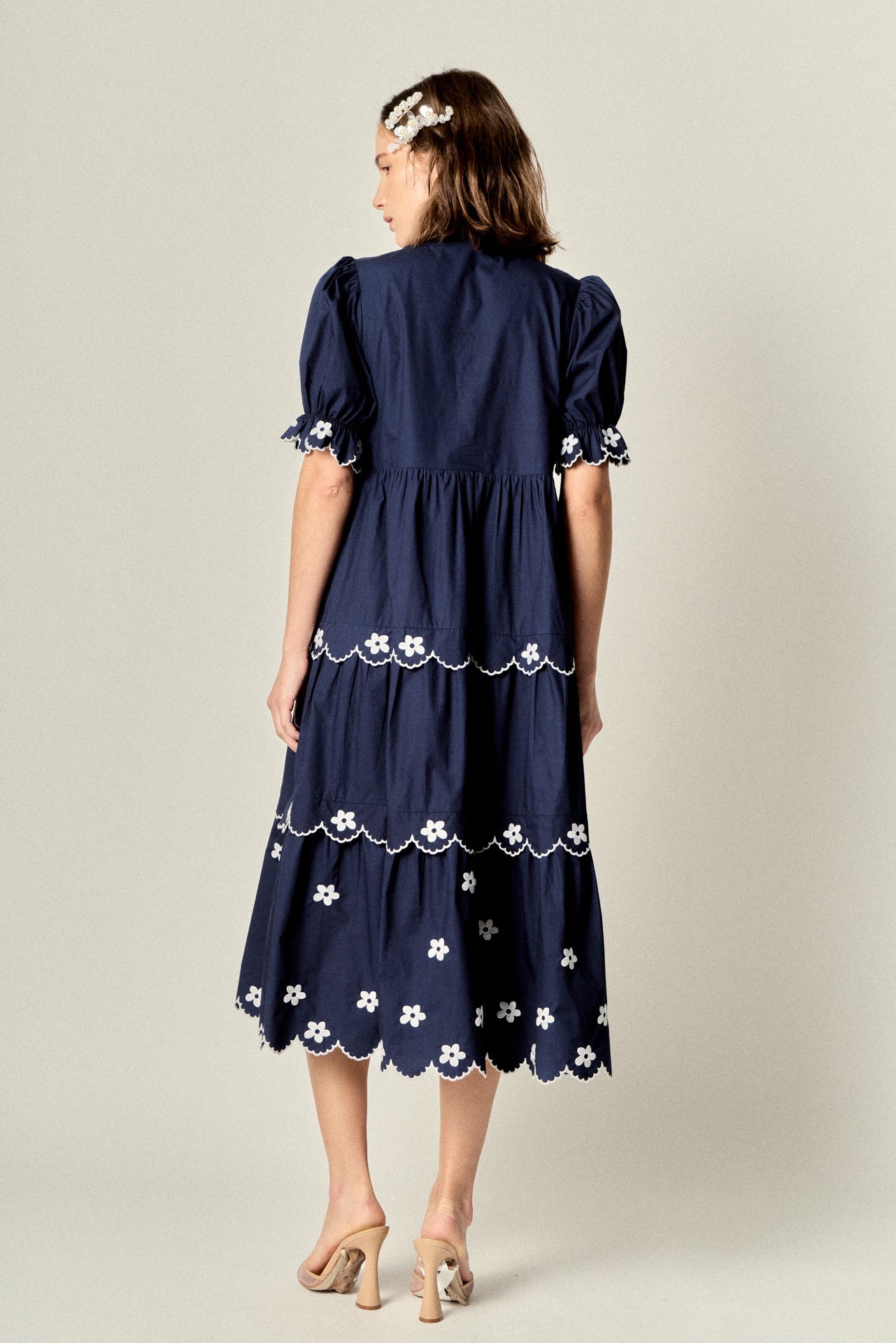 ENGLISH FACTORY - Scallop Embroidered Puff Sleeve Midi Dress - DRESSES available at Objectrare