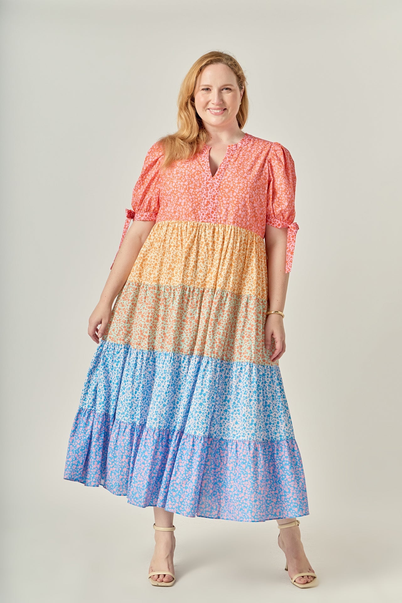 ENGLISH FACTORY - Colorblock Tiered Floral Midi Dress - DRESSES available at Objectrare