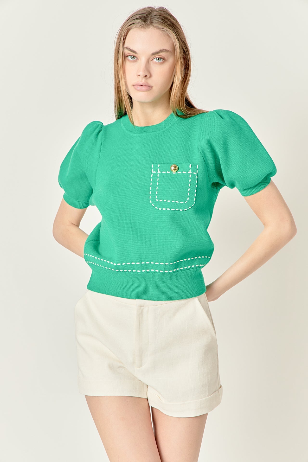 ENGLISH FACTORY - Puff Sleeve Stitch Detail Knit Top - SWEATERS & KNITS available at Objectrare