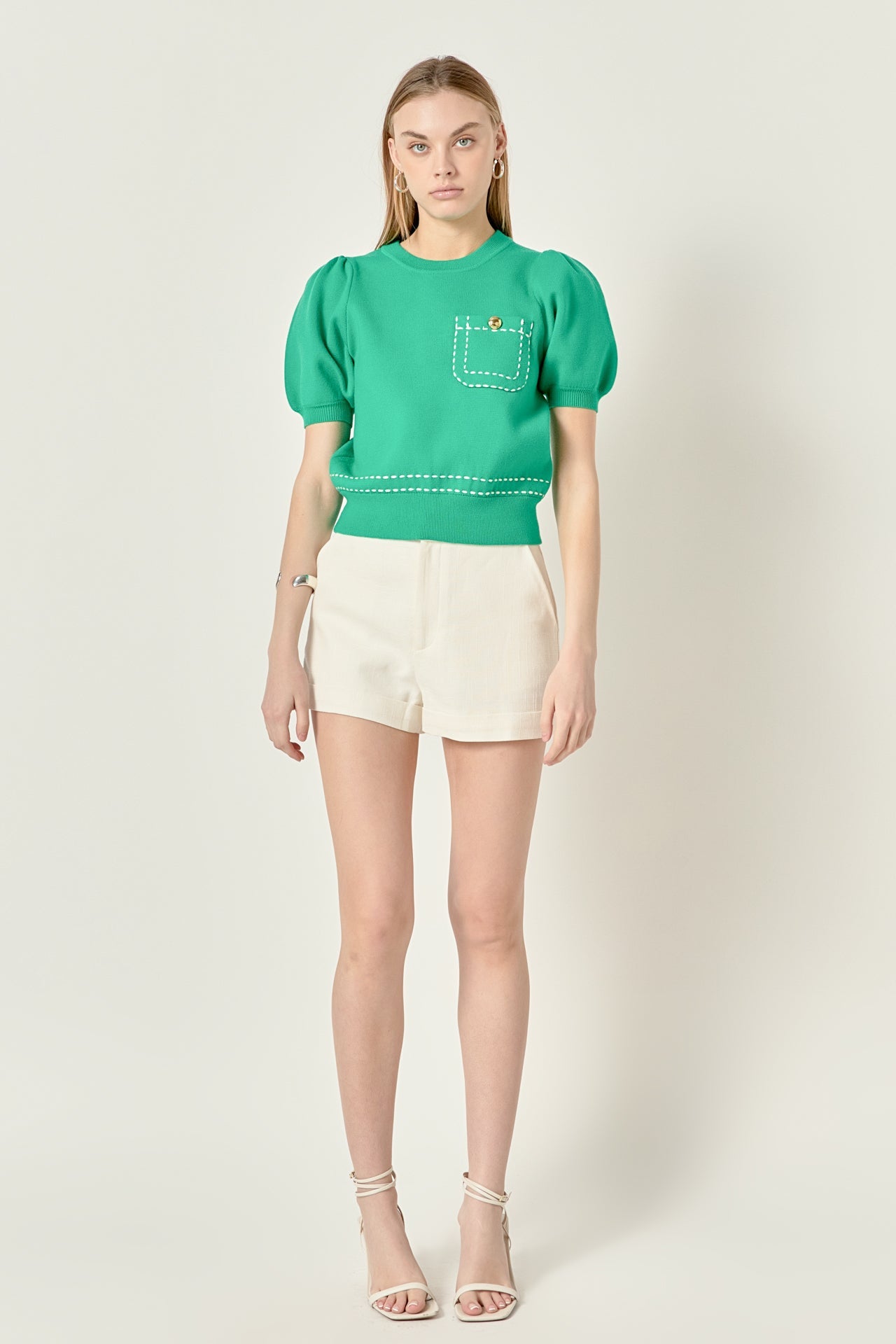 ENGLISH FACTORY - Puff Sleeve Stitch Detail Knit Top - SWEATERS & KNITS available at Objectrare