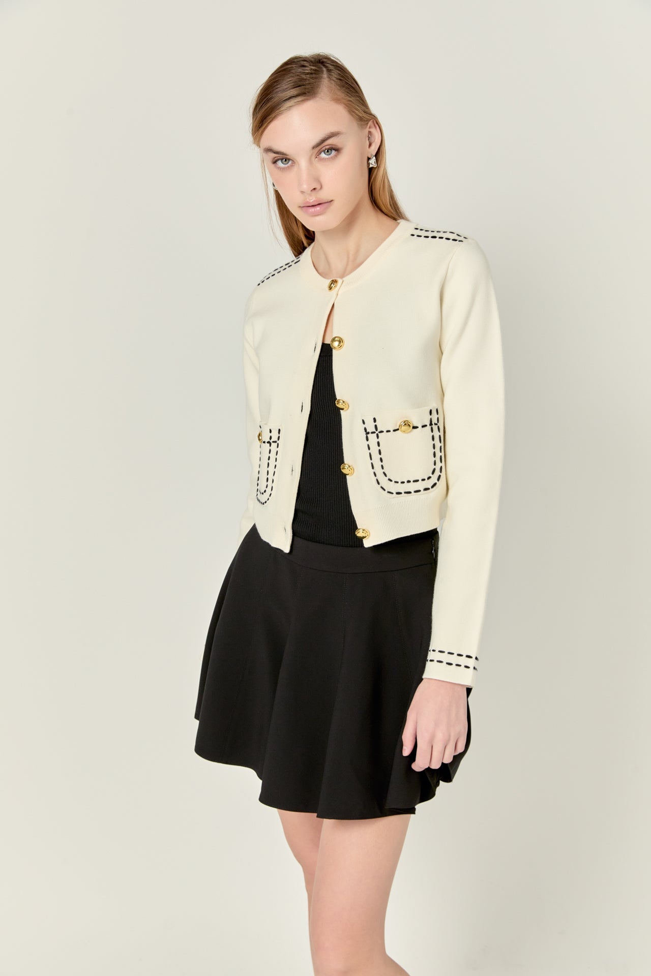 ENGLISH FACTORY - Stitch Detail Puff Sleeve Cardigan - SWEATERS & KNITS available at Objectrare