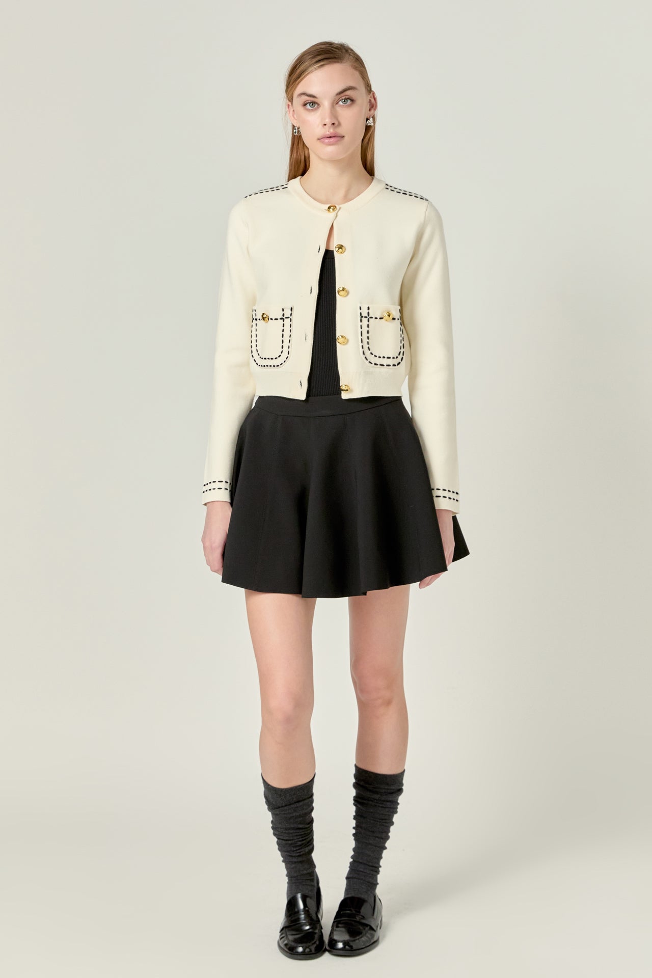 ENGLISH FACTORY - Stitch Detail Puff Sleeve Cardigan - SWEATERS & KNITS available at Objectrare