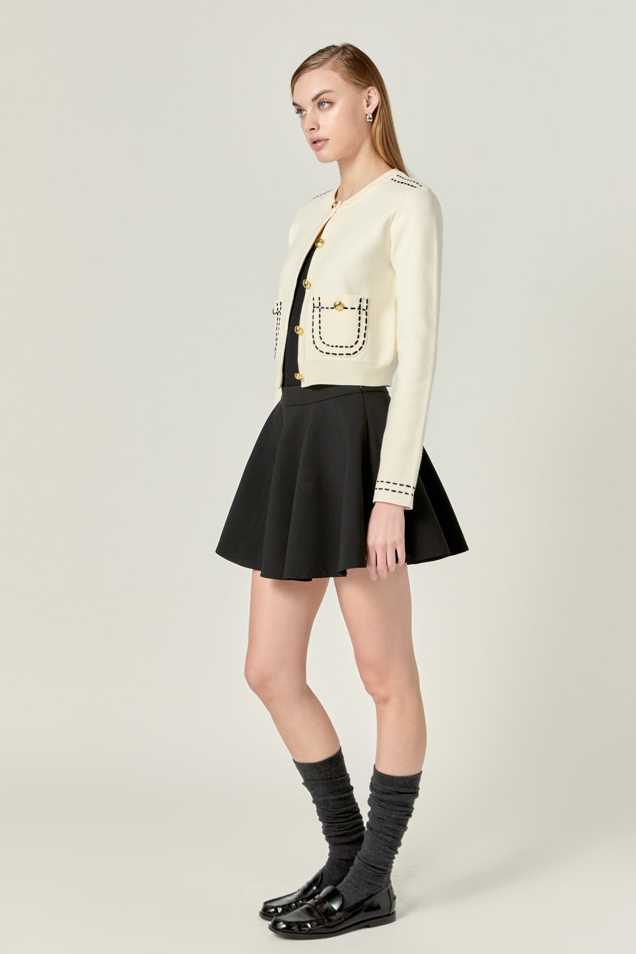 ENGLISH FACTORY - Stitch Detail Puff Sleeve Cardigan - SWEATERS & KNITS available at Objectrare