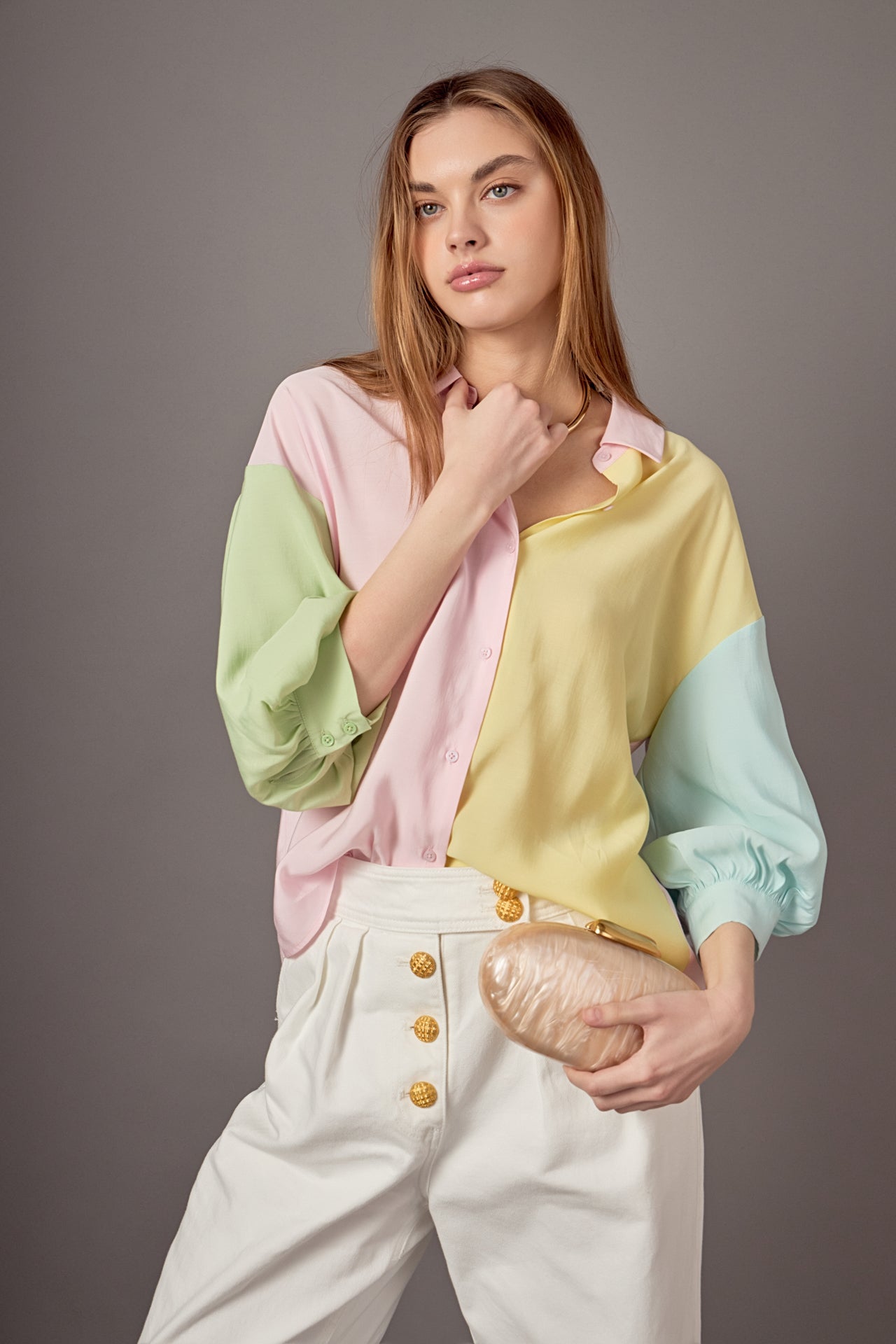 Color Block Volume Sleeves Shirt