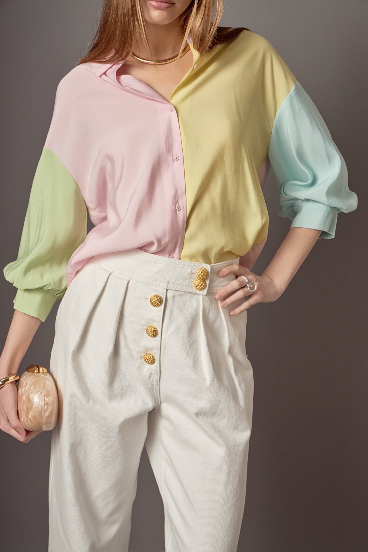Color Block Volume Sleeves Shirt