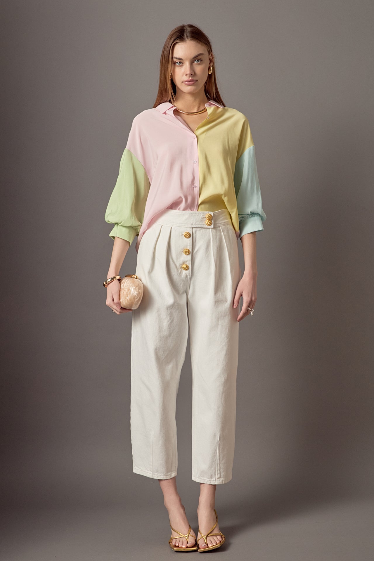 Color Block Volume Sleeves Shirt