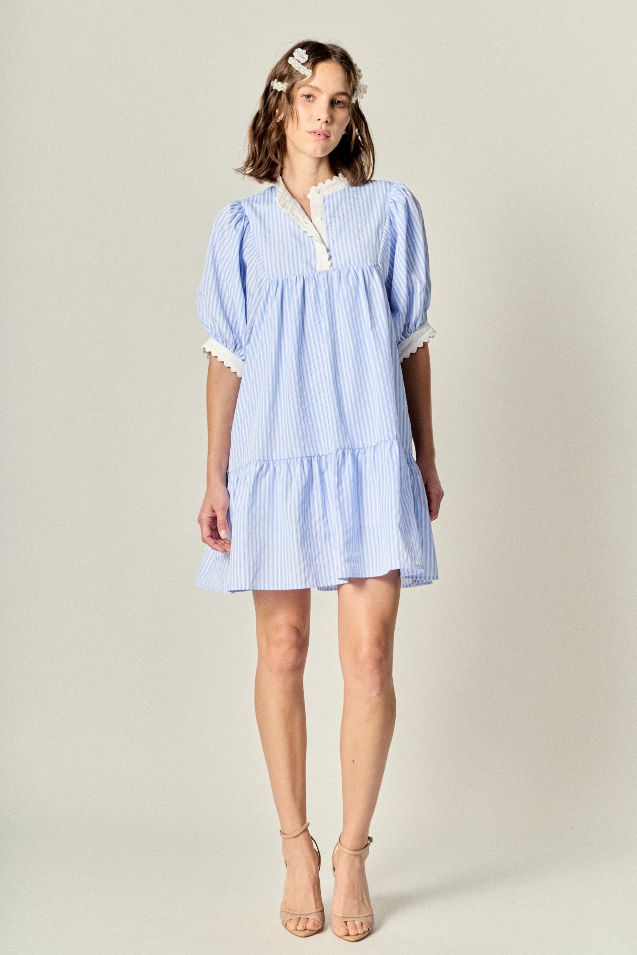 ENGLISH FACTORY - Scallop Trim Puff Sleeve Stripe Mini Dress - DRESSES available at Objectrare
