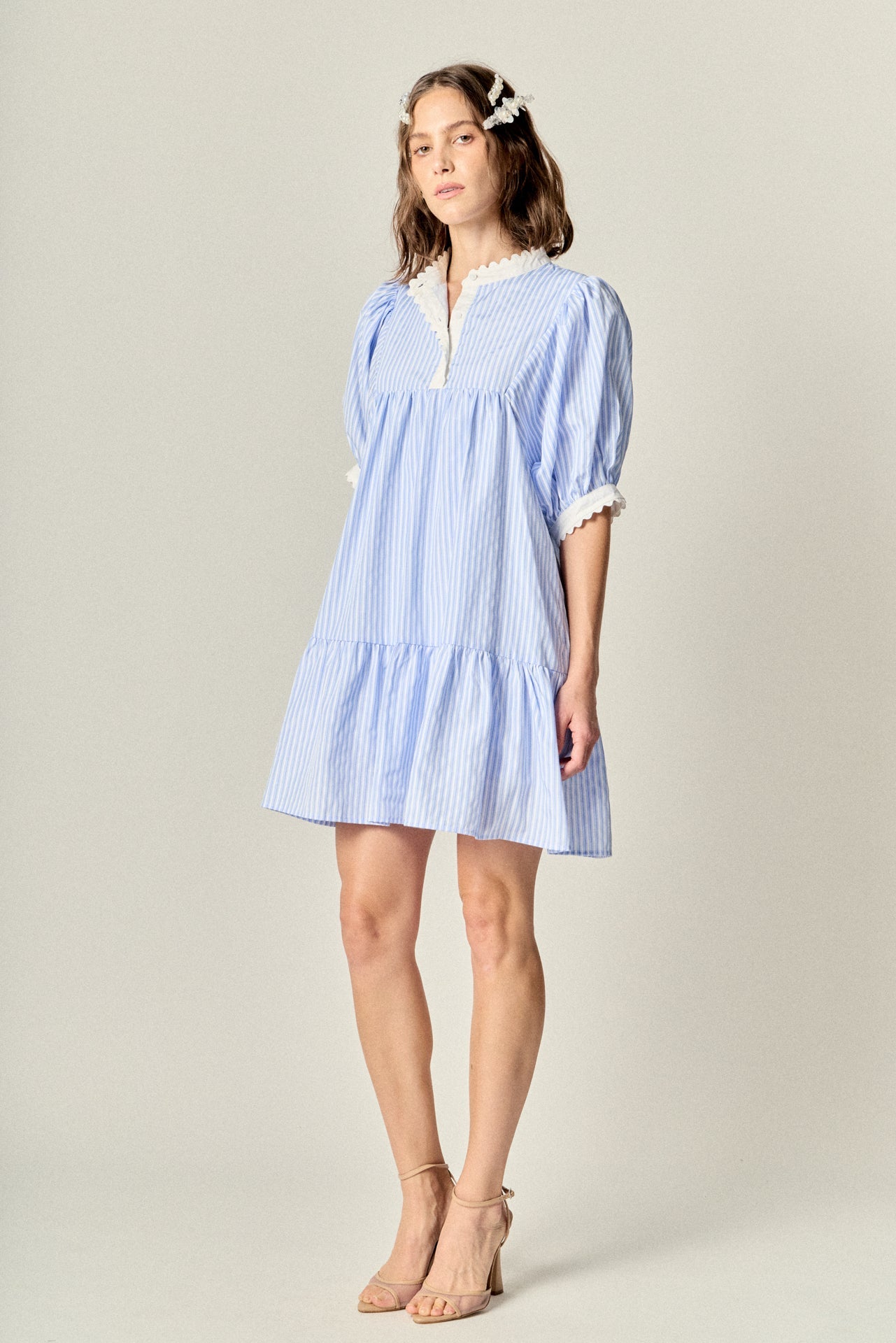 ENGLISH FACTORY - Scallop Trim Puff Sleeve Stripe Mini Dress - DRESSES available at Objectrare