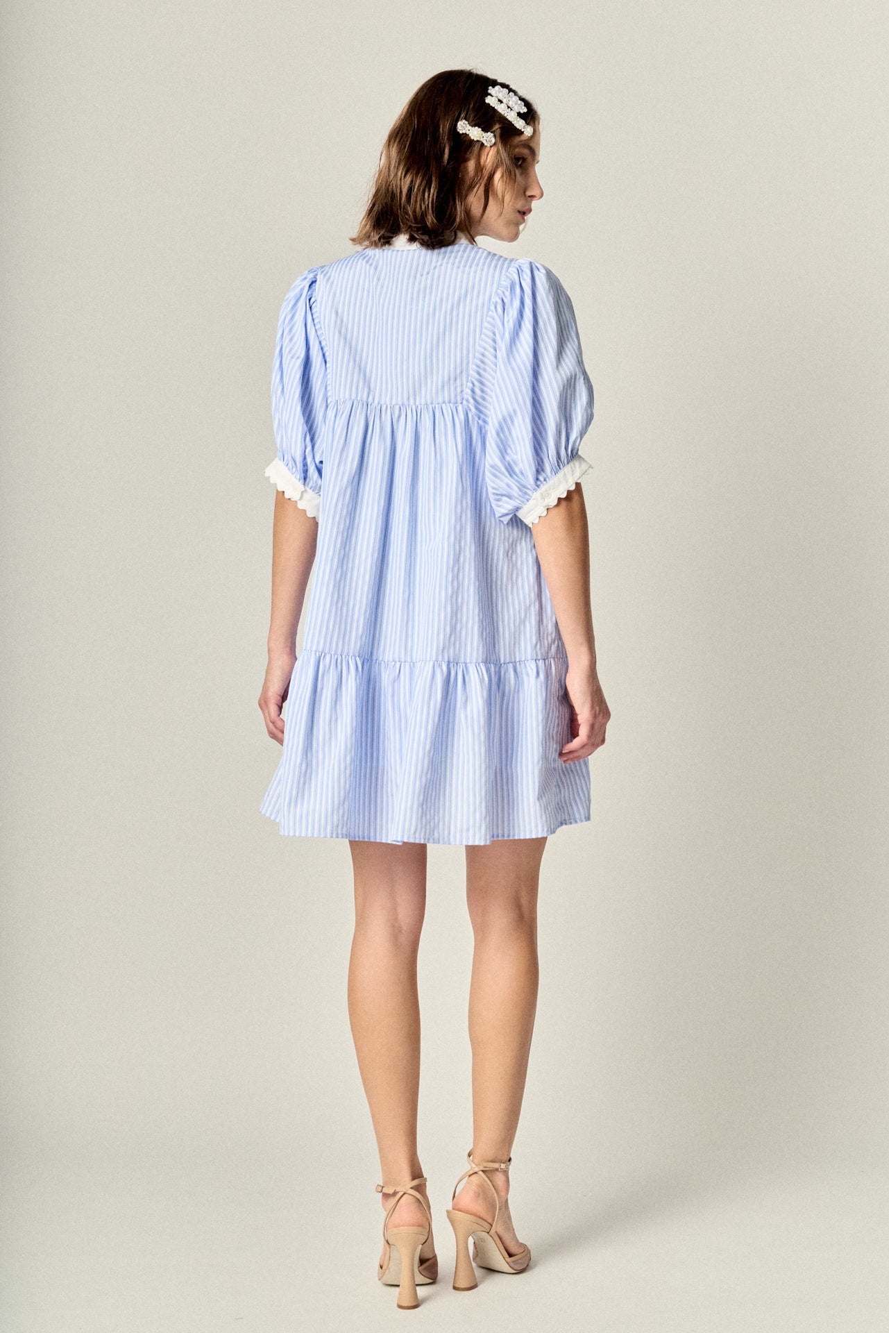ENGLISH FACTORY - Scallop Trim Puff Sleeve Stripe Mini Dress - DRESSES available at Objectrare