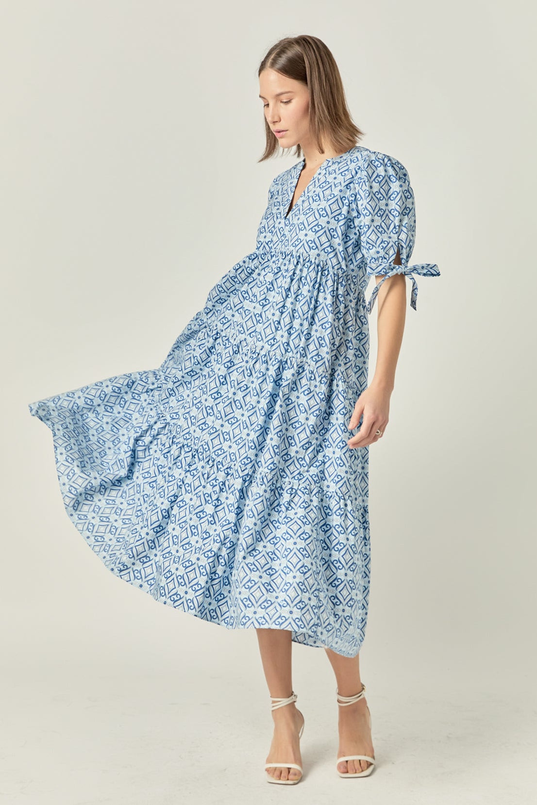 Print Bow Tie Sleeve Tiered Midi Dress