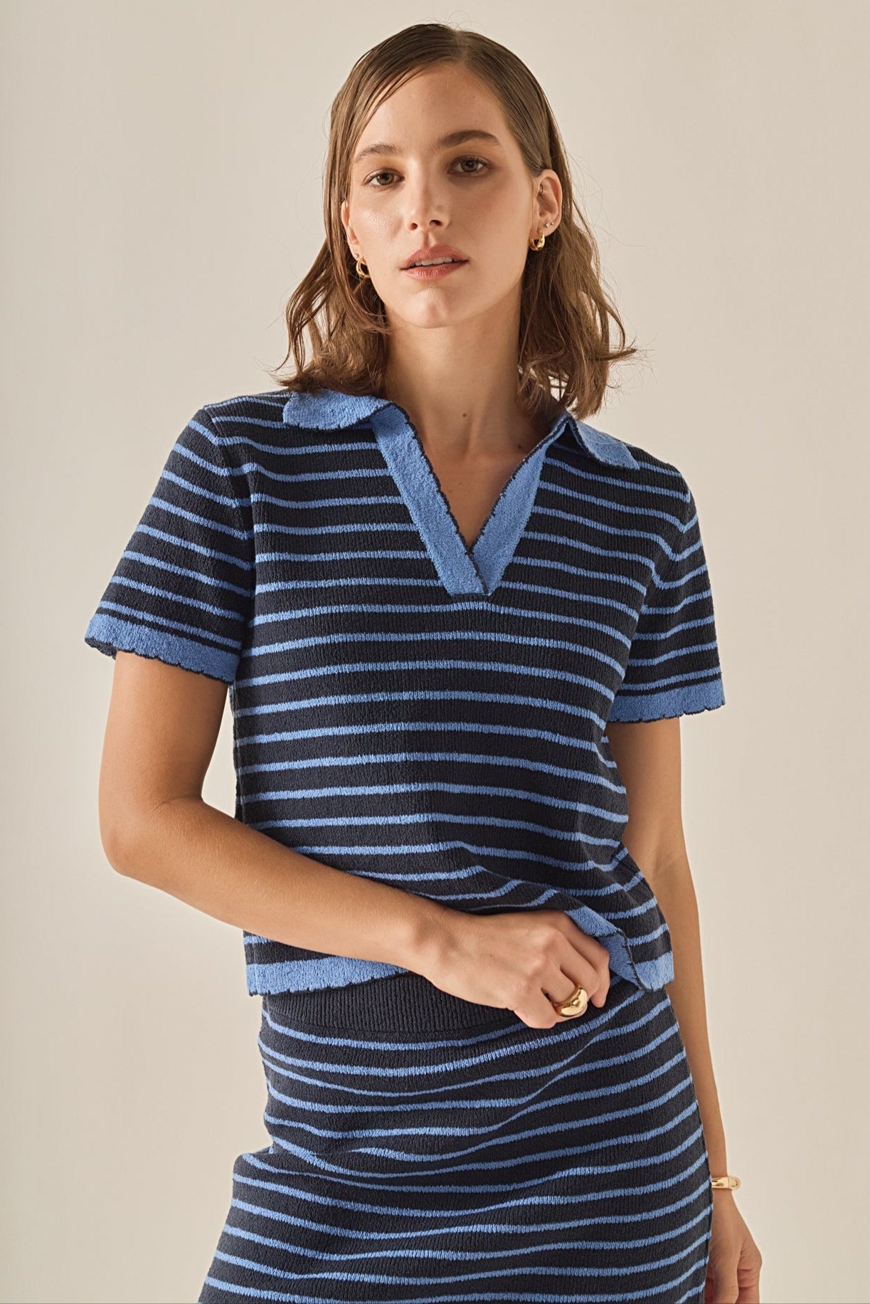 ENGLISH FACTORY - The Stripe Polo Scallop Sweater - SWEATERS & KNITS available at Objectrare