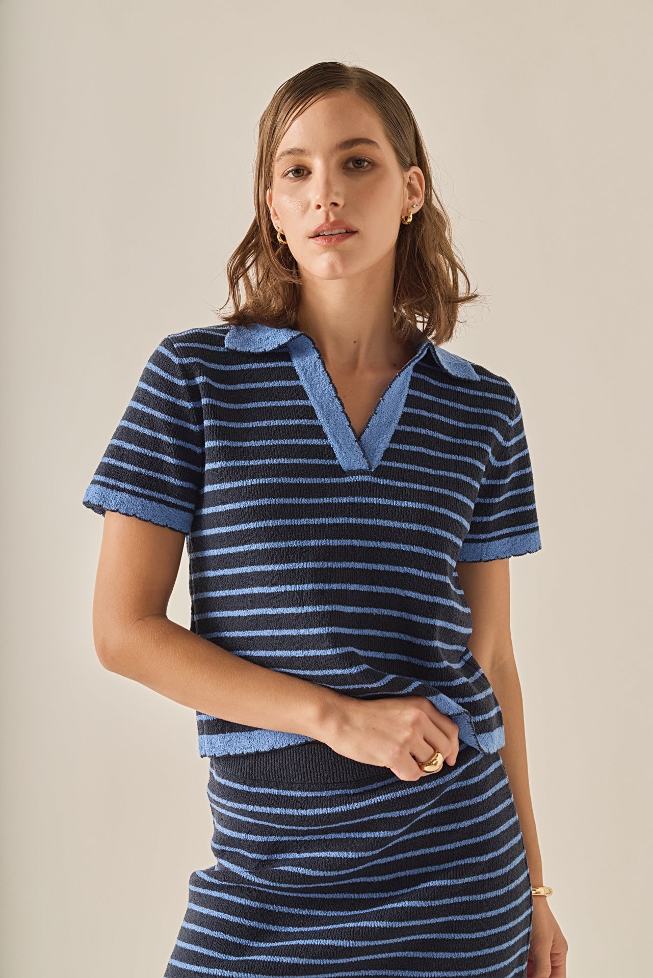 ENGLISH FACTORY - The Stripe Polo Scallop Sweater - SWEATERS & KNITS available at Objectrare