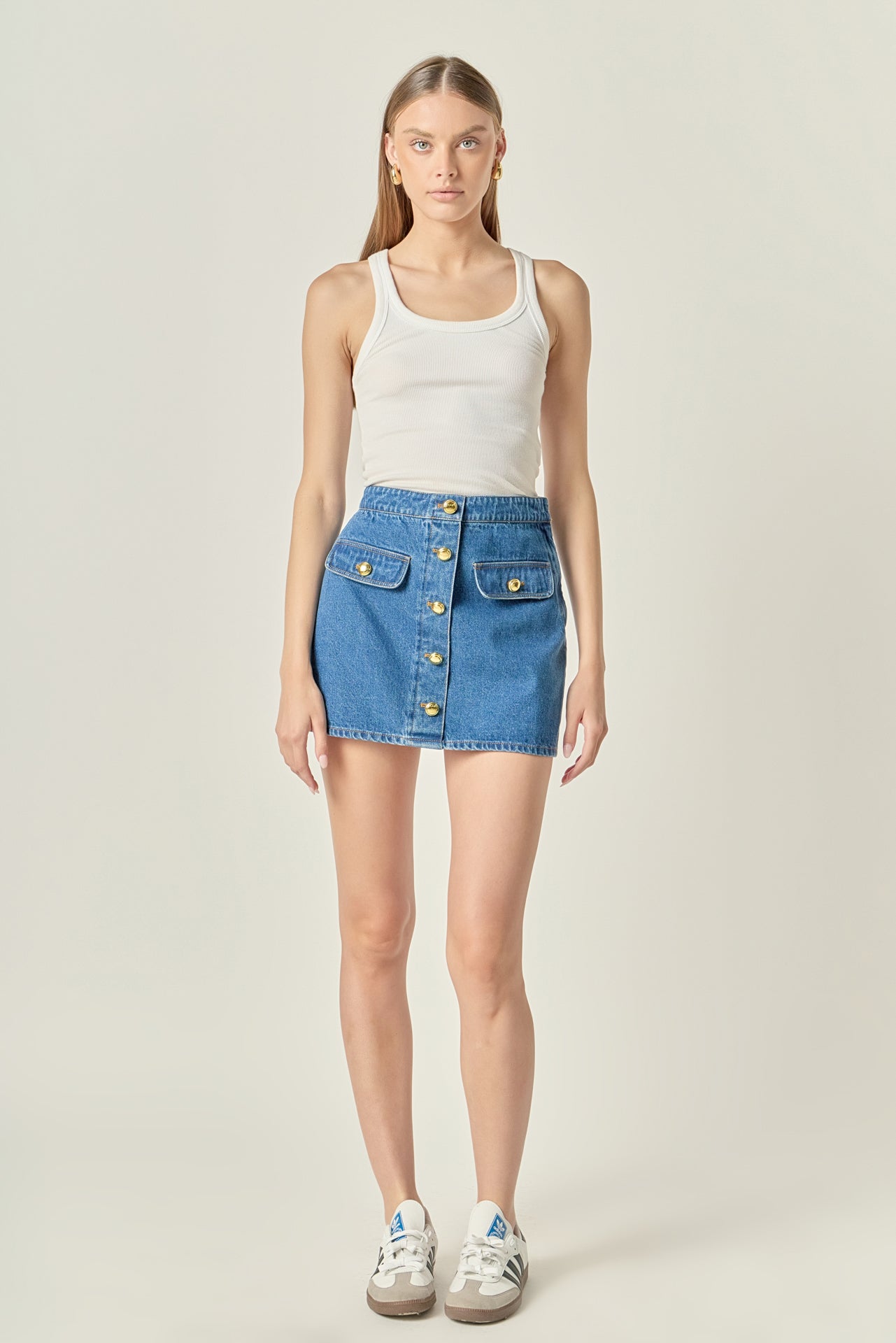 ENGLISH FACTORY - Gold Button Denim Mini Skirt - SKIRTS available at Objectrare
