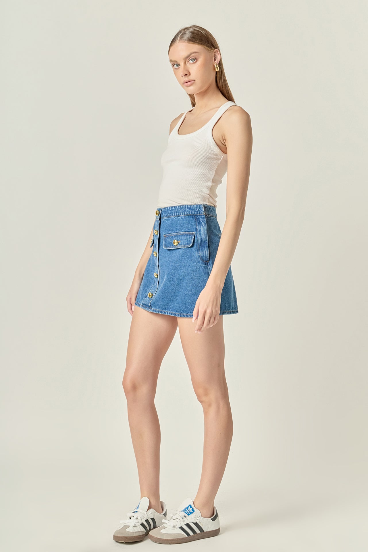 ENGLISH FACTORY - Gold Button Denim Mini Skirt - SKIRTS available at Objectrare