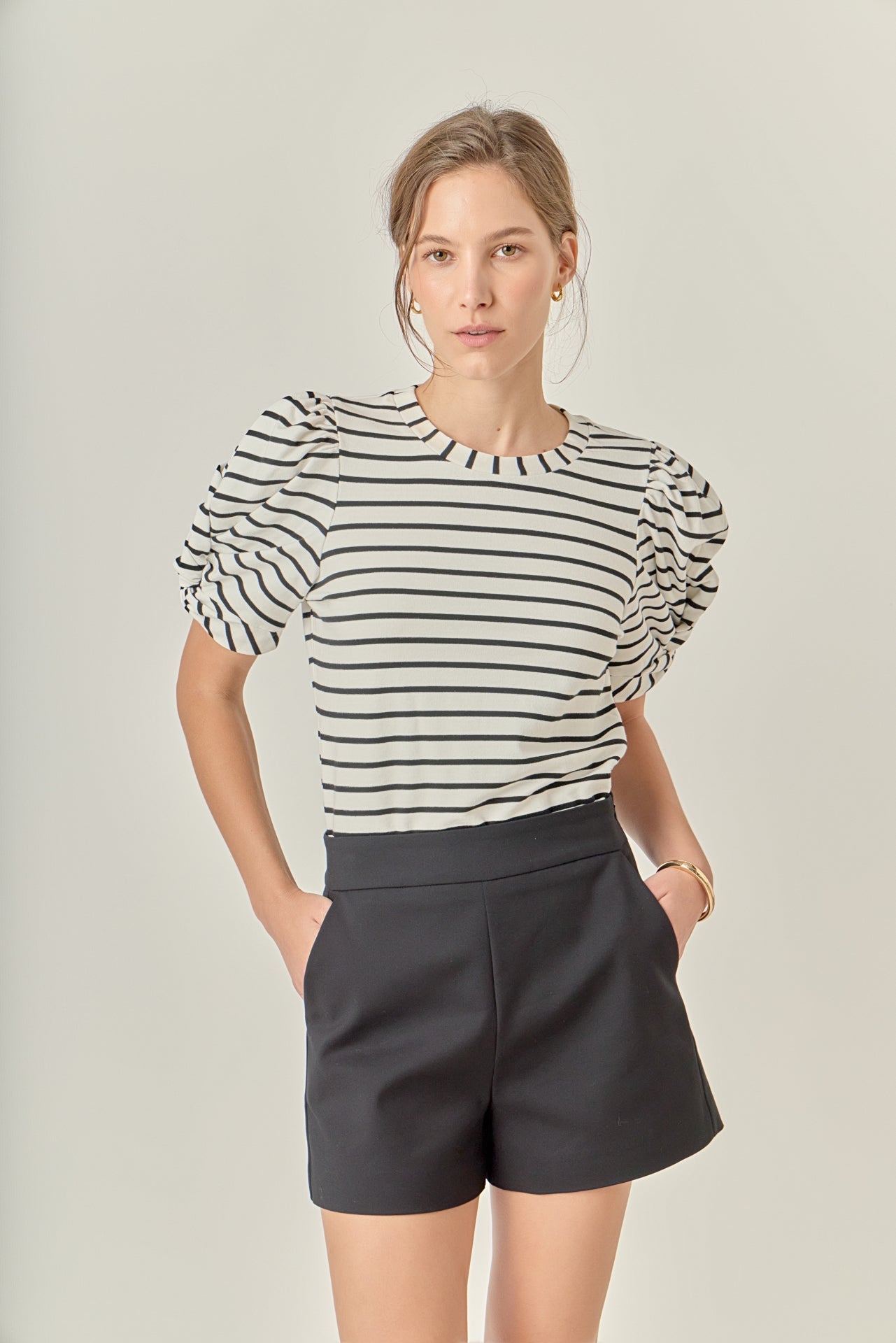 ENGLISH FACTORY - Striped Puff Sleeve Crewneck Top - TOPS available at Objectrare