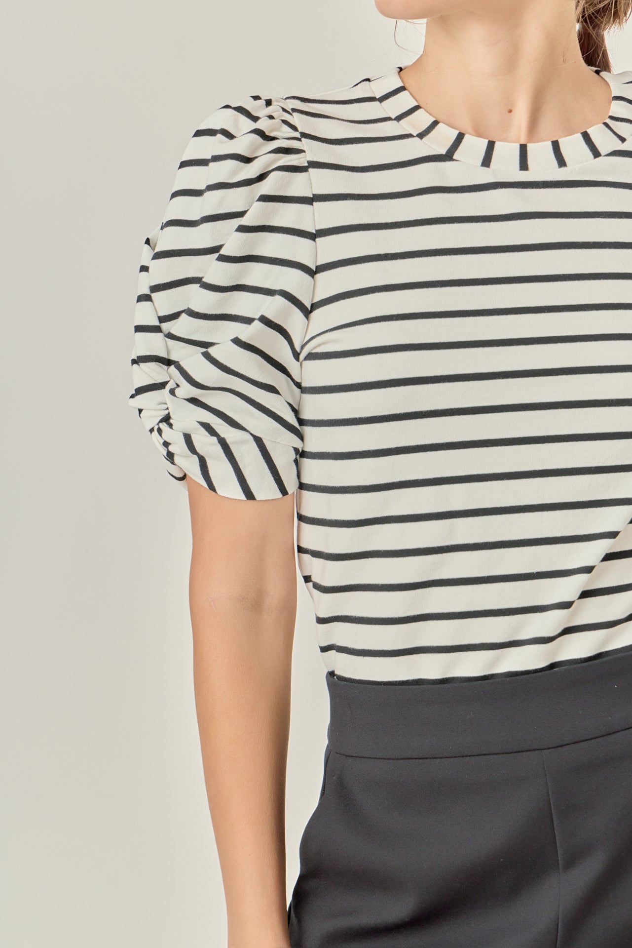 ENGLISH FACTORY - Striped Puff Sleeve Crewneck Top - TOPS available at Objectrare