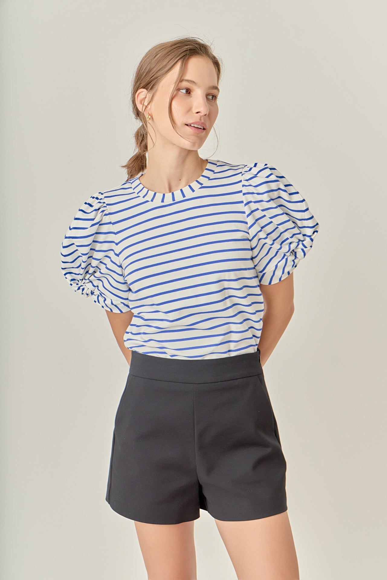 ENGLISH FACTORY - Striped Puff Sleeve Crewneck Top - TOPS available at Objectrare