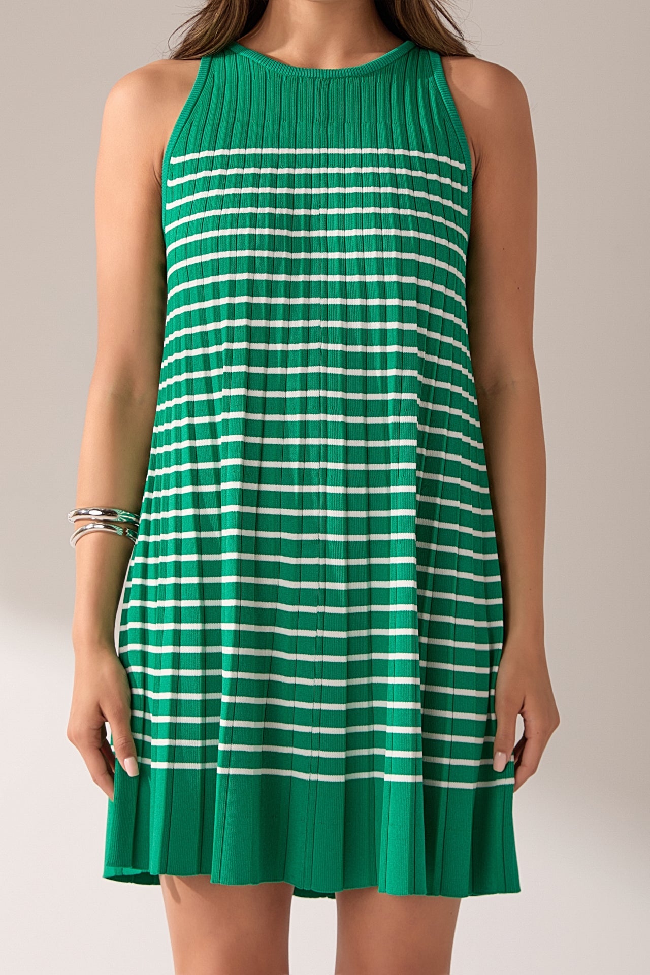 ENGLISH FACTORY - Pleated A-line Knit Stripe Mini Dress - DRESSES available at Objectrare