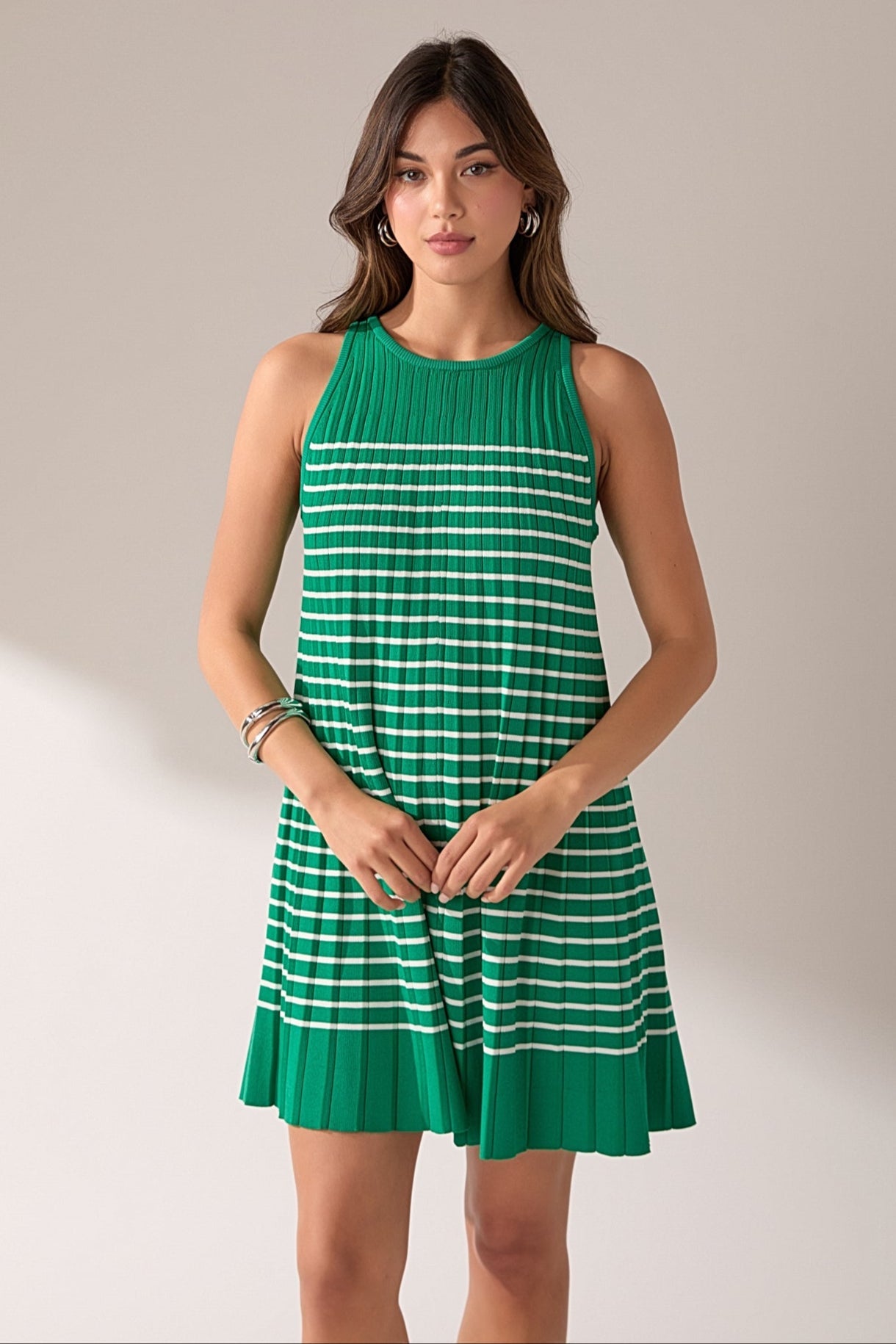 ENGLISH FACTORY - Pleated A-line Knit Stripe Mini Dress - DRESSES available at Objectrare