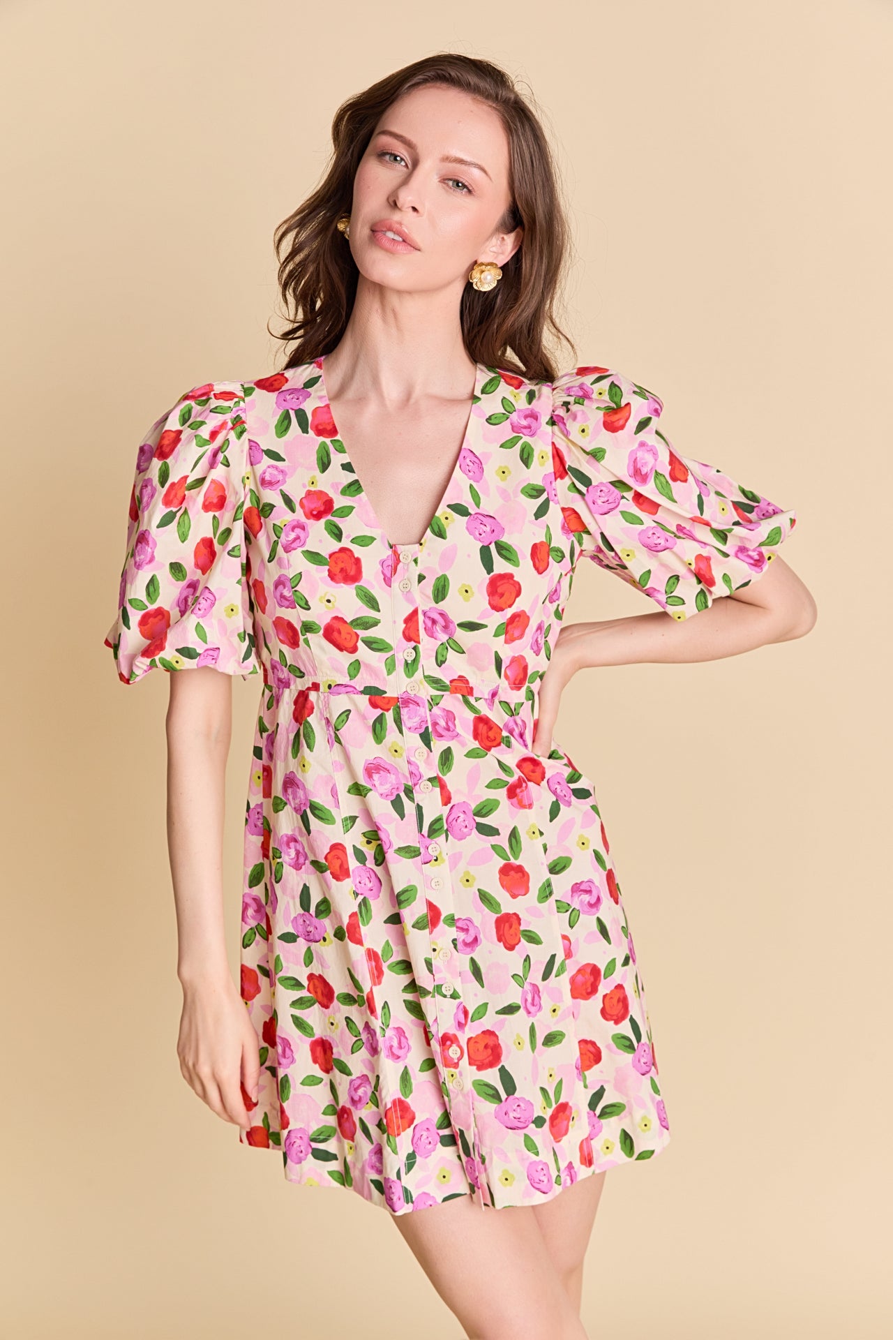 LA'VEN - Floral Print Mini Dress With Button Detail - DRESSES available at Objectrare