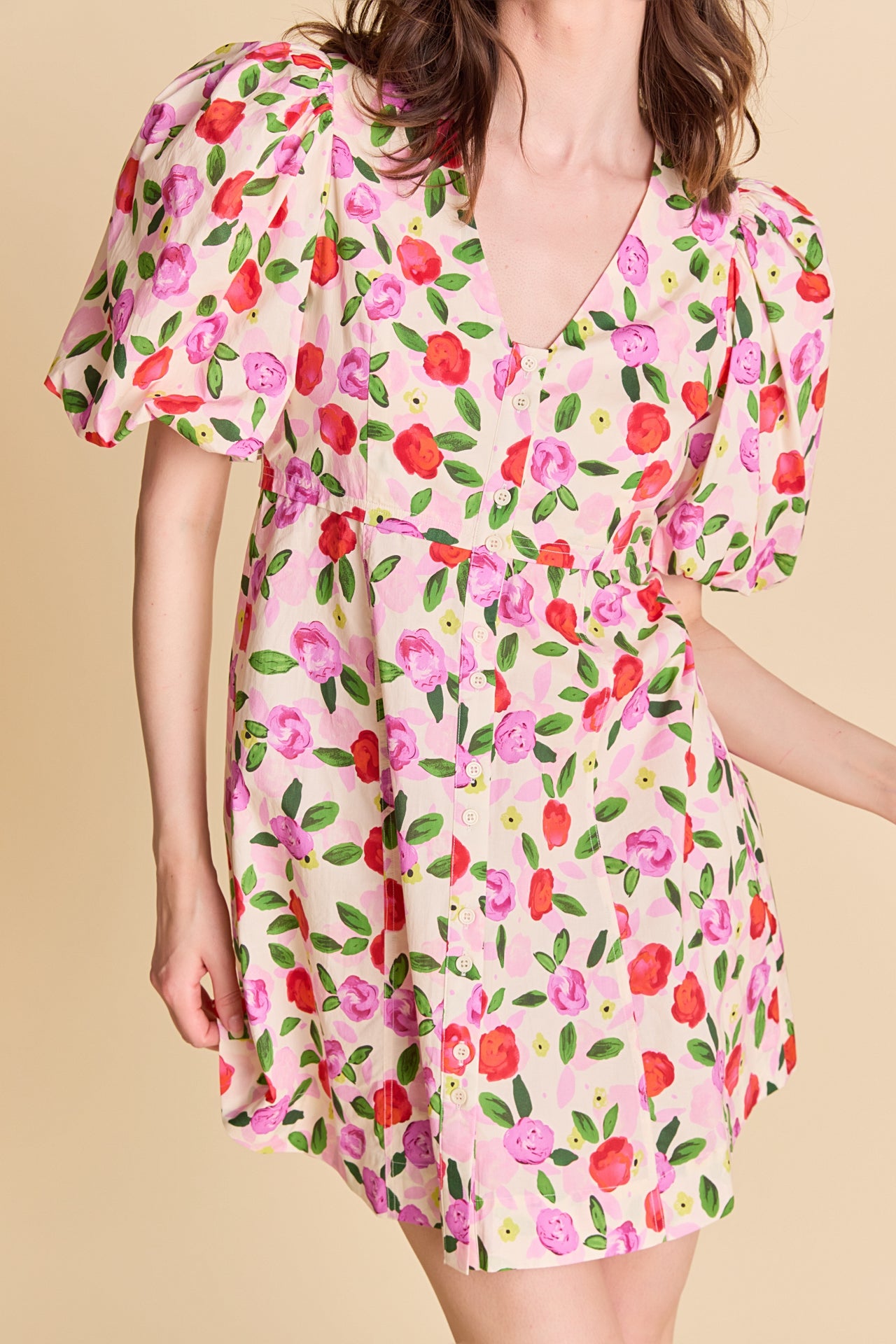 LA'VEN - Floral Print Mini Dress With Button Detail - DRESSES available at Objectrare
