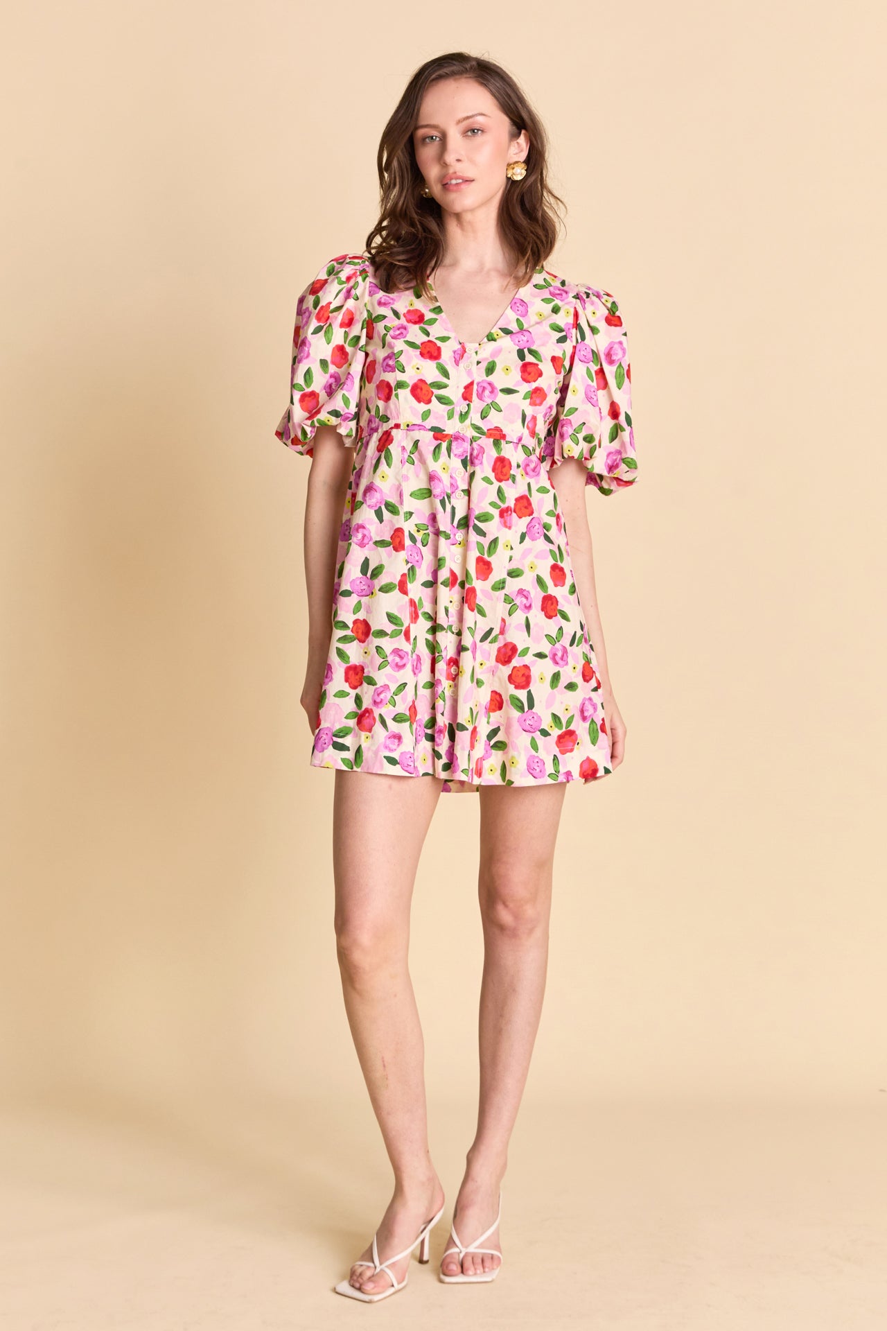 LA'VEN - Floral Print Mini Dress With Button Detail - DRESSES available at Objectrare