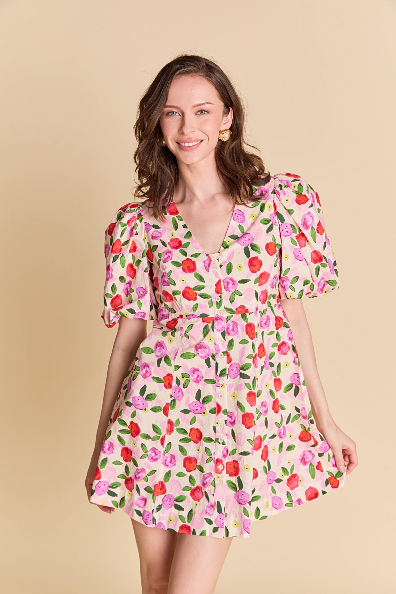 LA'VEN - Floral Print Mini Dress With Button Detail - DRESSES available at Objectrare