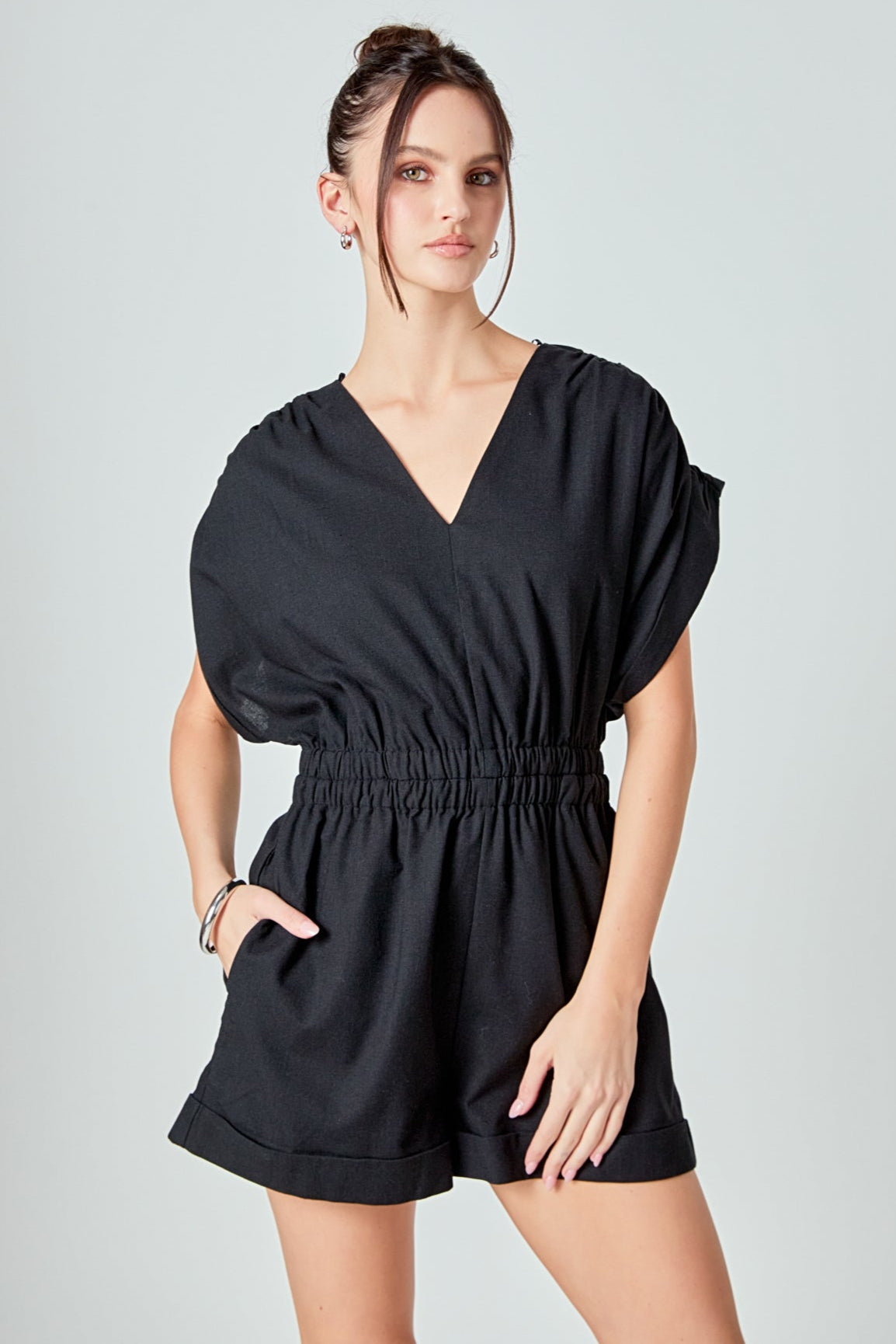 MARSY - Ruched Shoulder Romper - ROMPERS available at Objectrare