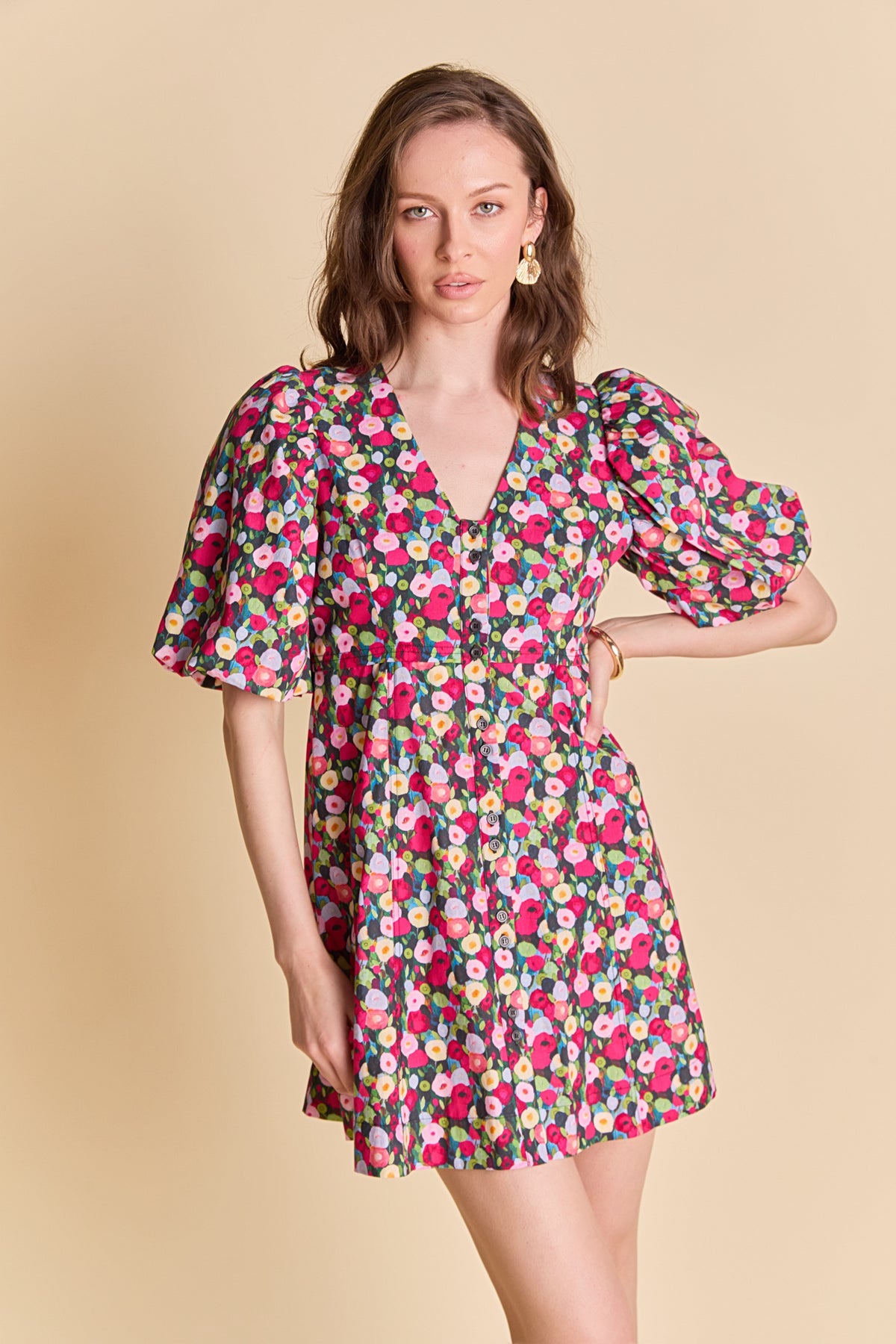 LA'VEN - Floral Print Mini Dress With Button Detail - DRESSES available at Objectrare