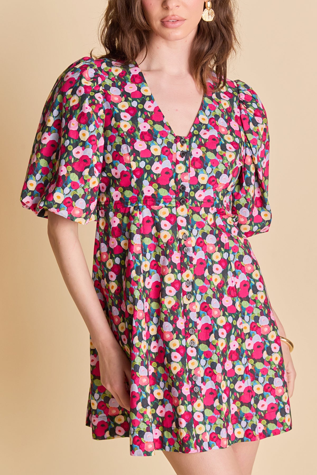 LA'VEN - Floral Print Mini Dress With Button Detail - DRESSES available at Objectrare