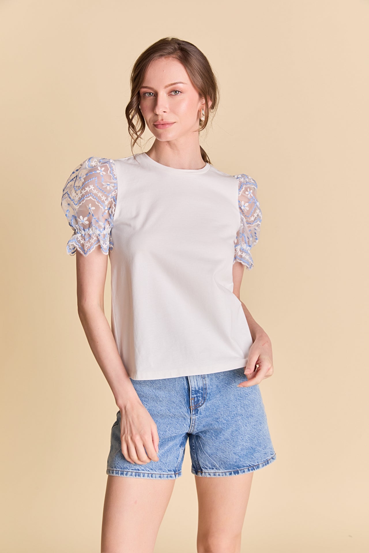 LA'VEN - Embroidery Mixed Media Puff Sleeve Top - TOPS available at Objectrare