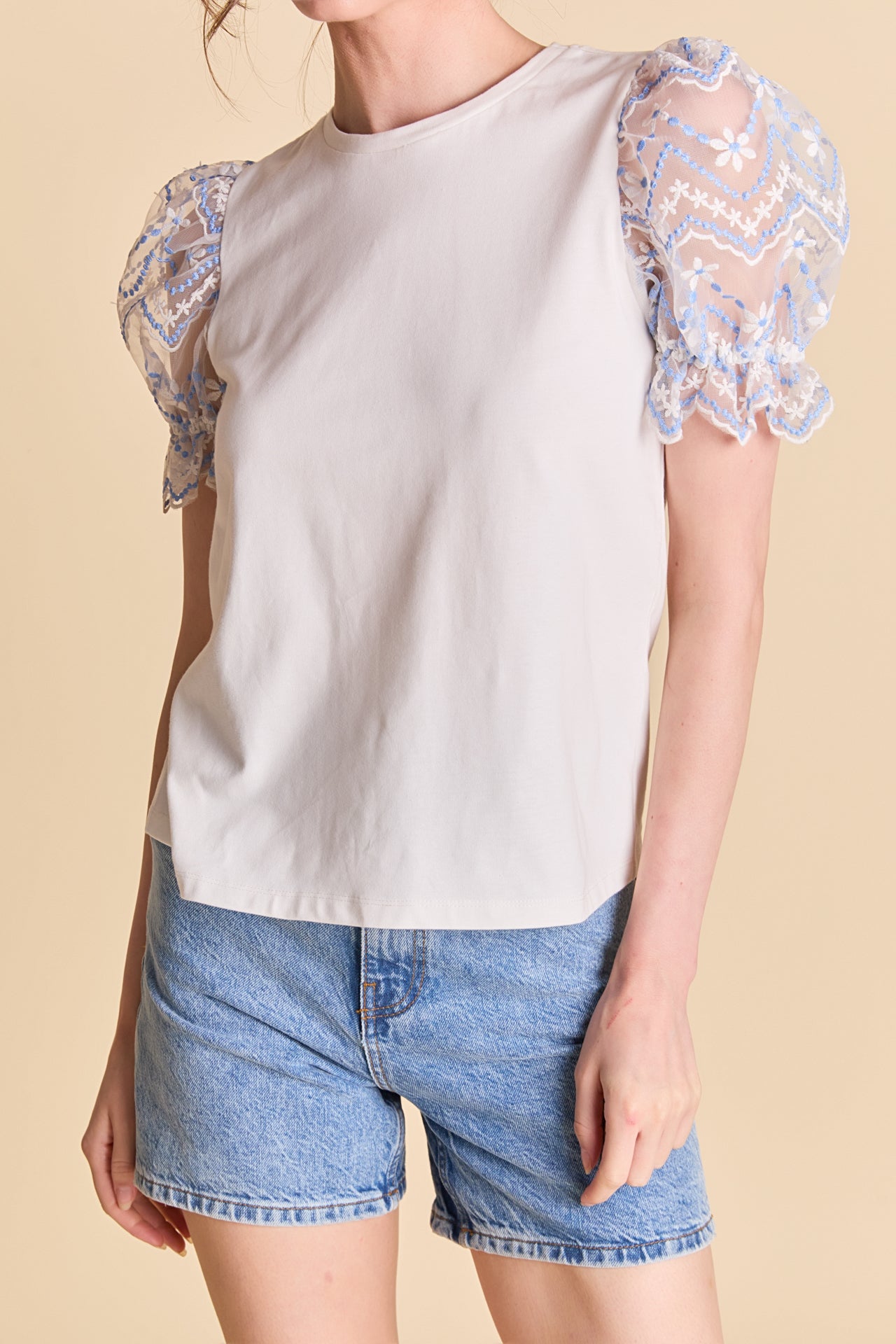 LA'VEN - Embroidery Mixed Media Puff Sleeve Top - TOPS available at Objectrare