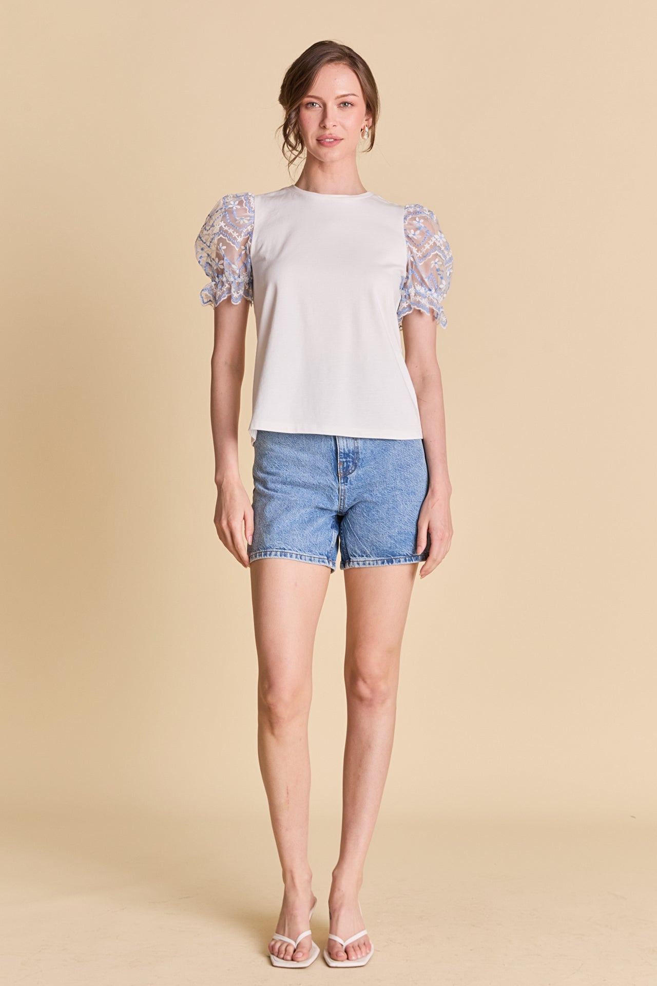 LA'VEN - Embroidery Mixed Media Puff Sleeve Top - TOPS available at Objectrare